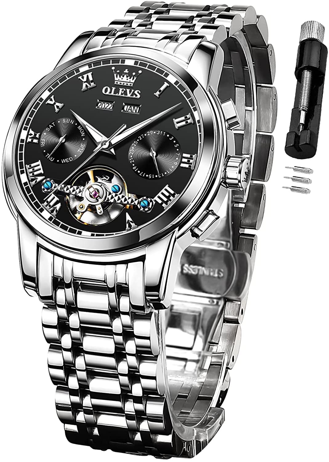 OLEVS Automatic Self-Winding Mechanical Watch for Men - Luxury Stainless Steel Business Chronograph with Multi-Calendar, Waterproof & Luminous Dial - Perfect for Office, Formal Events & Everyday Wear