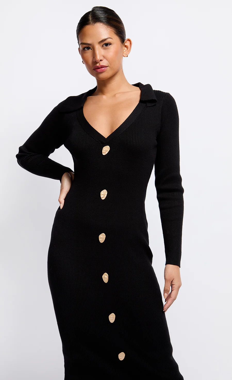 Layla Knit Midaxi Dress for Women - Elegant Black Stretch Midi Dress for Casual Wear, Office, and Evening Outfits