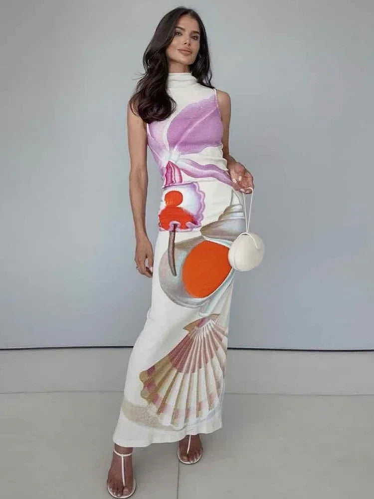 Abstract Printed Sleeveless Maxi Dress for Women - High Fashion Elegant Party & Resort Wear 2024 (Style C85 CZ31) - Perfect for Beach Vacations, Evening Events & Summer Weddings