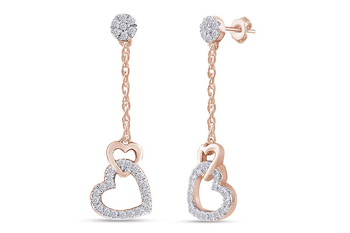 1/10 Carat Round Cut Natural White Diamond Double Heart Drop Earrings - 14k Gold Plated 925 Sterling Silver Jewelry for Women (I2-I3 Clarity, I-J Color, 0.10 Cttw) - Perfect Gift for Anniversary, Valentine's Day & Special Occasions