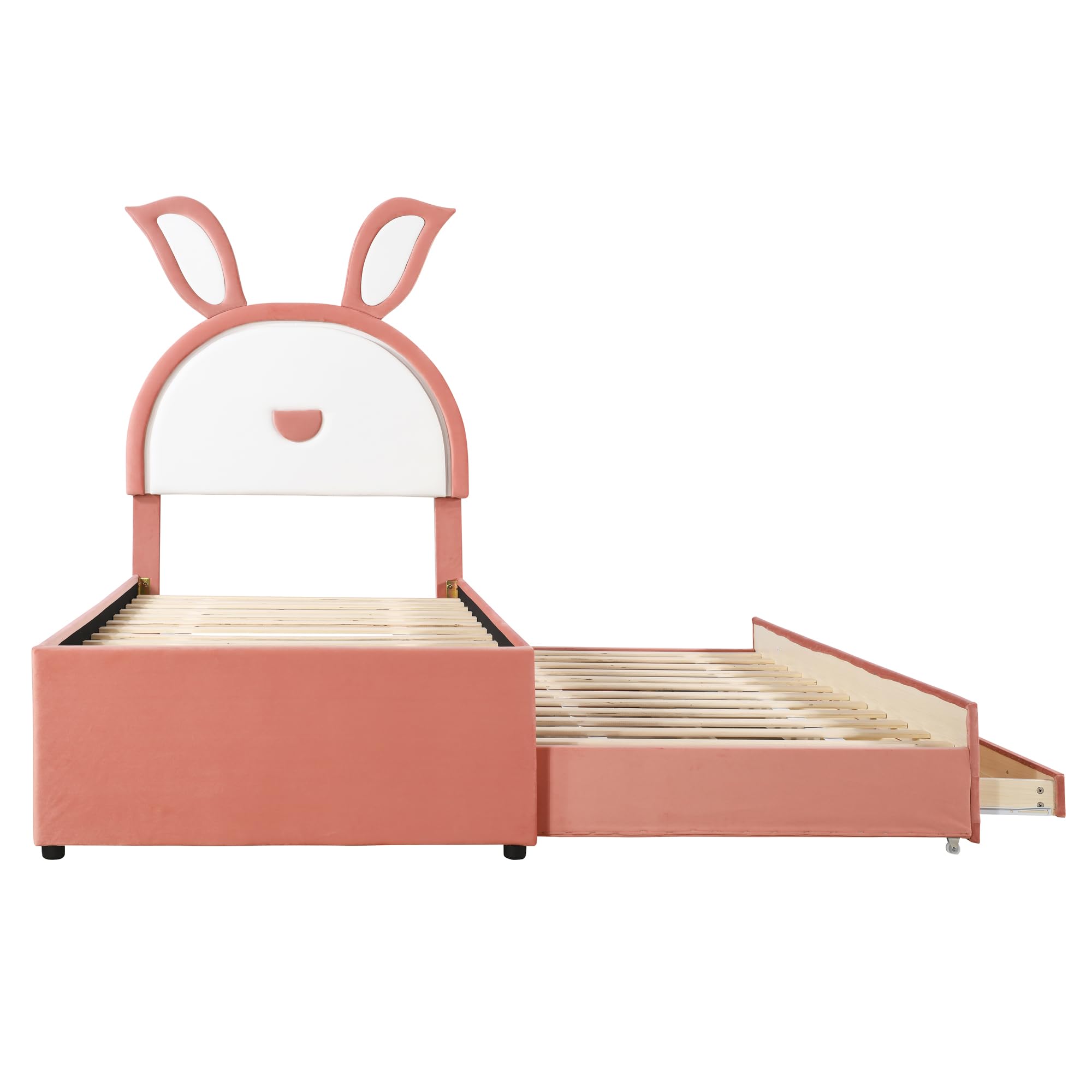 P PURLOVE Twin Size Wooden Platform Bed Frame with Rabbit-Shaped Headboard - Upholstered Bed with Trundle, 3 Storage Drawers & LED Lights - No Box Spring Required - Easy Assembly - Pink - Perfect for Kids Rooms, Teen Bedrooms & Nursery Decor