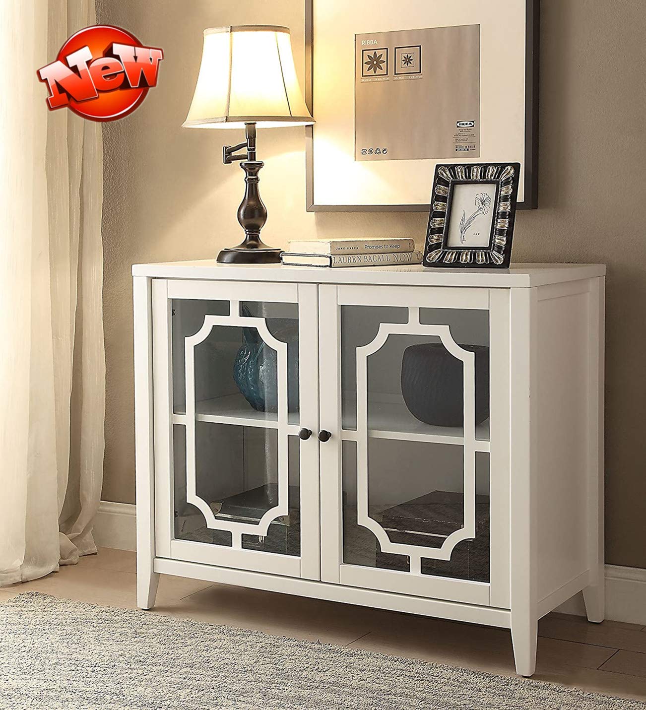 TIIHWEOVLL Sturdy Buffet Sideboard Storage Cabinet - Retro Style Accent Console Table with Thickened Wood & 2 Glass Doors - White Display Cabinet for Living Room with 1 Shelf | Perfect for Dining Room Storage, Entryway Organizer & Home Decor