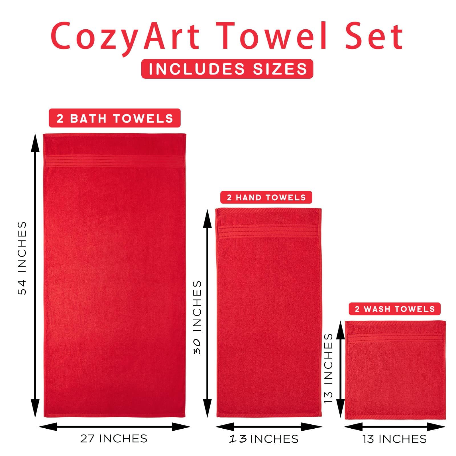 Premium 6-Piece Red Bath Towel Set - Ultra Soft & Absorbent 650 GSM Turkish Cotton - Includes 2 Large Bath Towels, 2 Hand Towels, 2 Washcloths - Luxury Spa & Bathroom Essentials for Home, Hotel, Gym