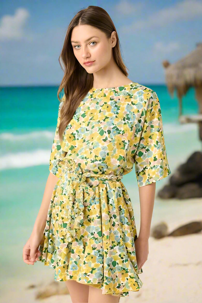 Floral Print Tie Waist Half Sleeve Summer Mini Dress - Women's Casual Sundress for Beach, Vacation & Date Night