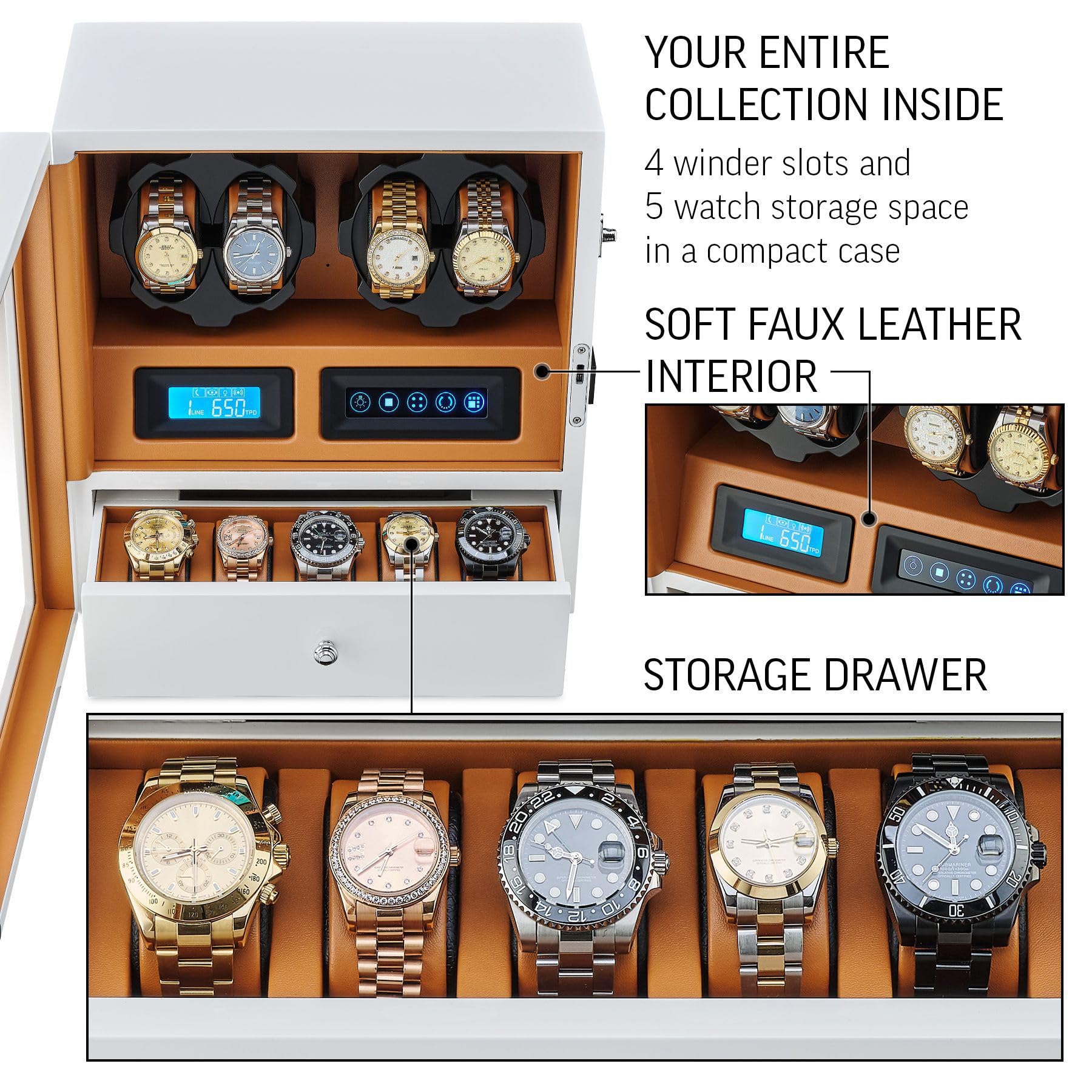 4 Watch Winder with 5 Watch Storage - LCD Display, Touch Control & LED Interior Light - Automatic Watch Winder for Rolex, Omega & Luxury Watches - Perfect for Home, Office & Travel Use
