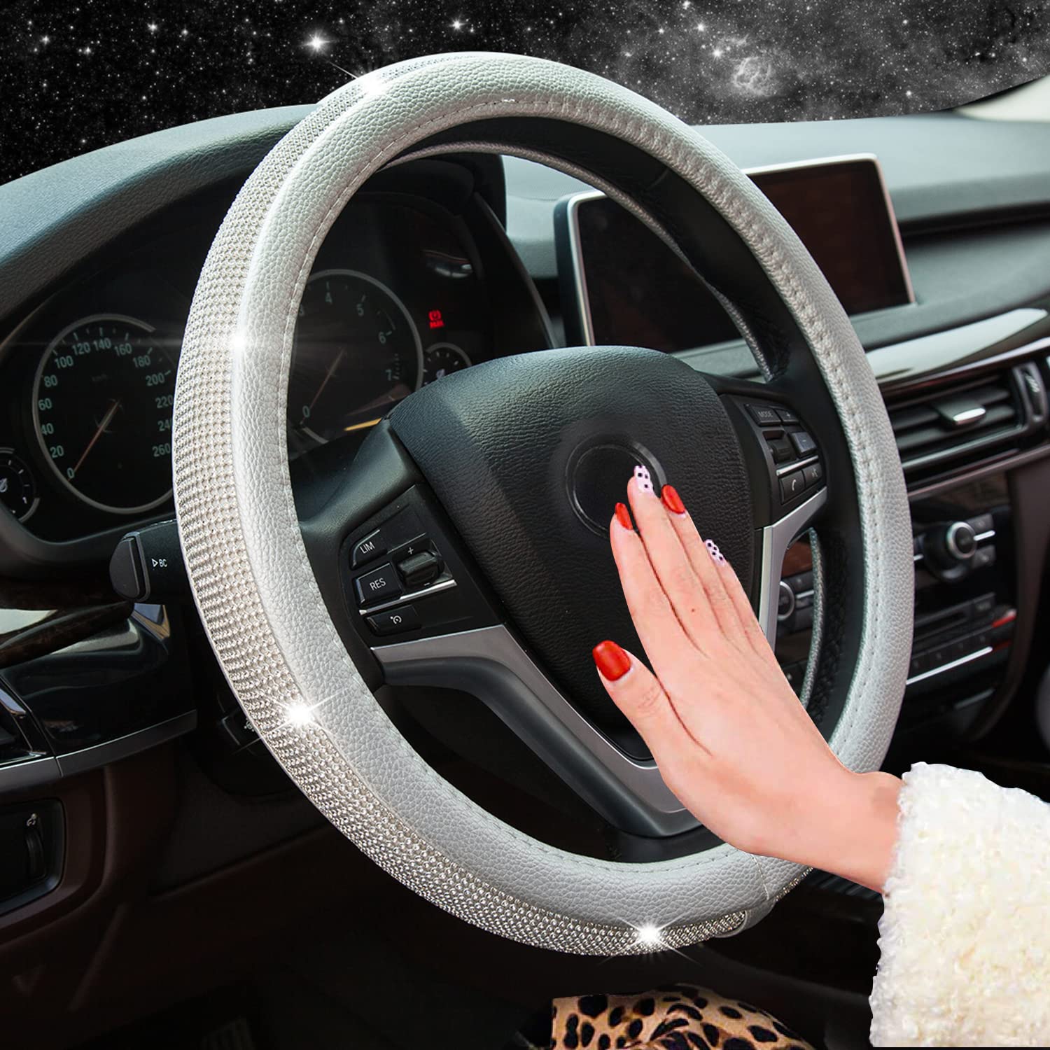 Diamond Leather Steering Wheel Cover with Crystal Rhinestones - Universal Fit 15 Inch Car Wheel Protector for Women & Girls (Silver) - Luxury Car Accessory for Daily Driving & Gift Giving