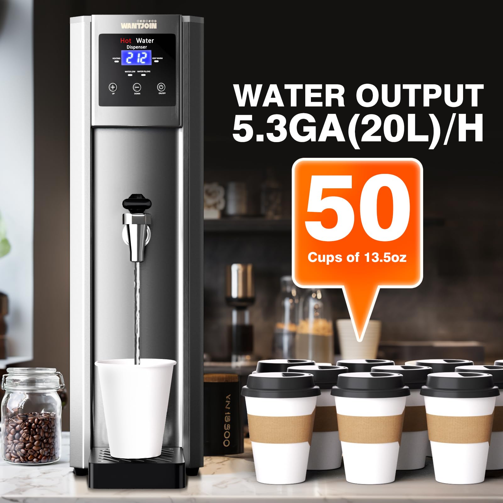 WantJoin Commercial Hot Water Dispenser 20L (5.2GAL) per Hour - Electric Countertop Water Boiler with Step Heating & Auto Temperature Control (32°F-212°F) - 1800W for Boba Tea, Coffee Shops, Offices & Restaurants - Perfect for Brewing, Food Service & High-Demand Environments