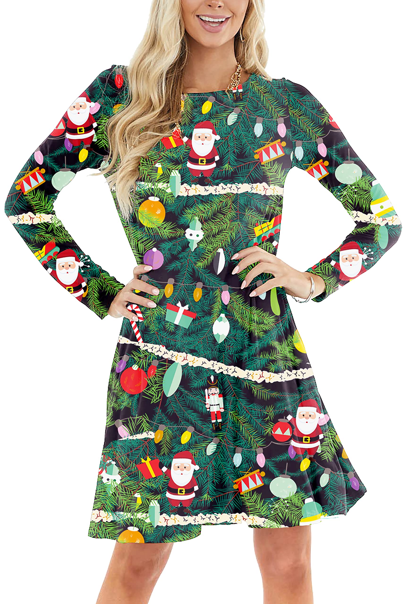 Festive Christmas Tree Print Women's Party Dress - Long Sleeve Winter Holiday Ugly Sweater Dress Size 2XL for Xmas Parties, Family Gatherings & Ugly Sweater Contests