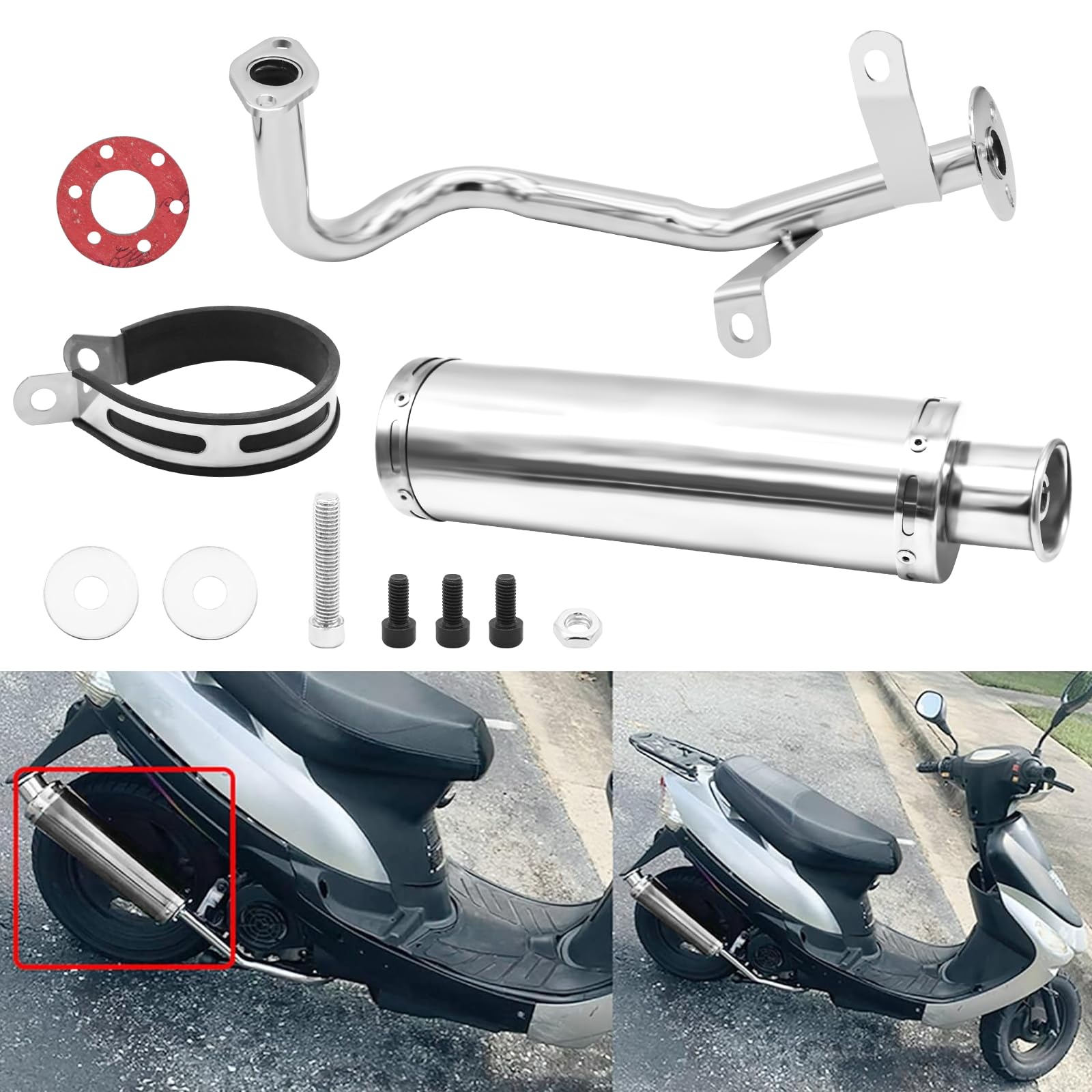 Stainless Steel Motorcycle Exhaust Muffler Pipe for GY6 4-Stroke 50cc 80cc 100cc Scooters - Compatible with QMB139, 139QMB & 1P39QMB Chinese Mopeds - Durable Performance Upgrade for Urban Commuting & Off-Road Adventures