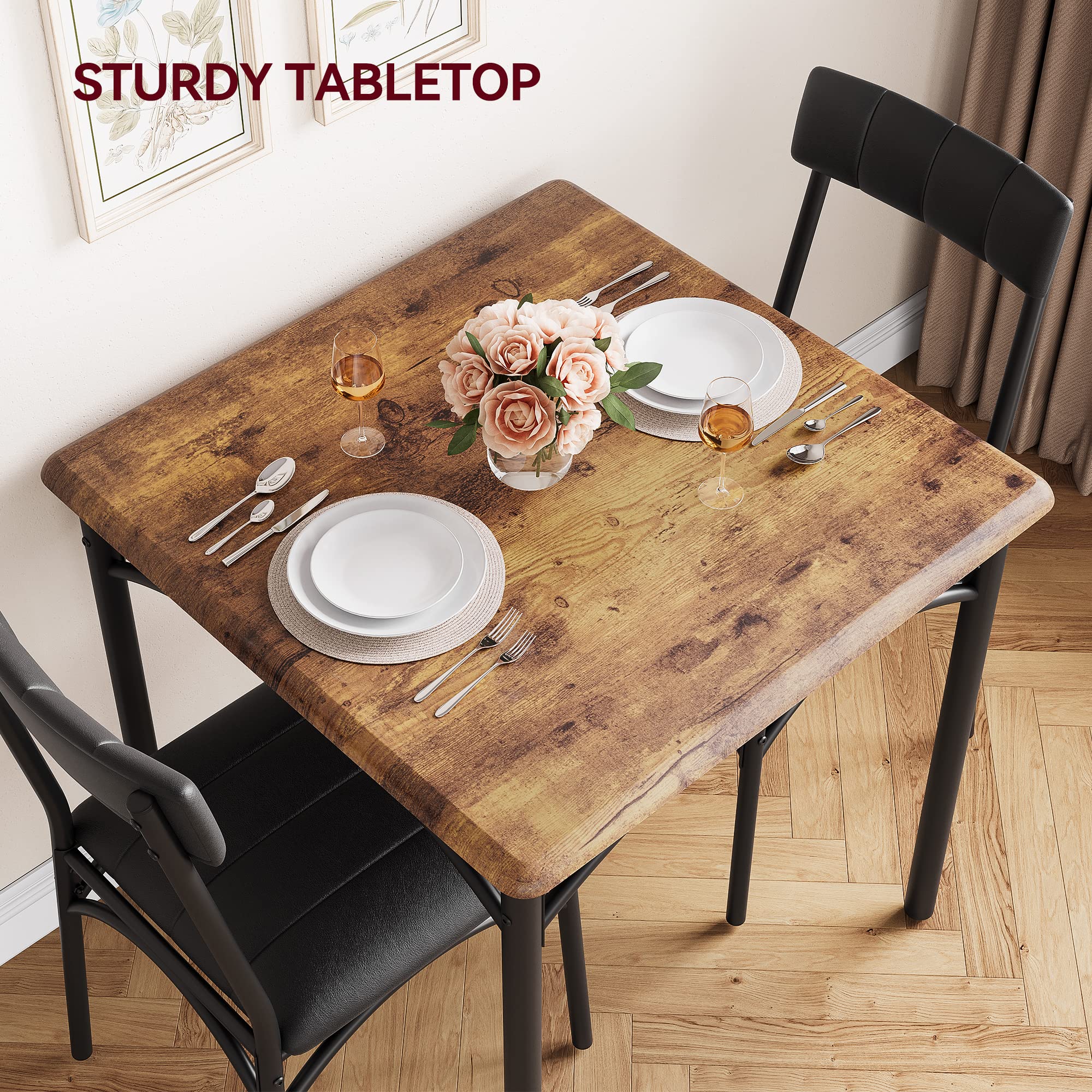 GAOMON 3-Piece Square Dining Table Set for 2 with Upholstered Chairs - Rustic Brown Kitchen Table & Chairs for Small Spaces, Apartments & Studios | Perfect for Breakfast Nooks, Cozy Meals & Compact Living Areas