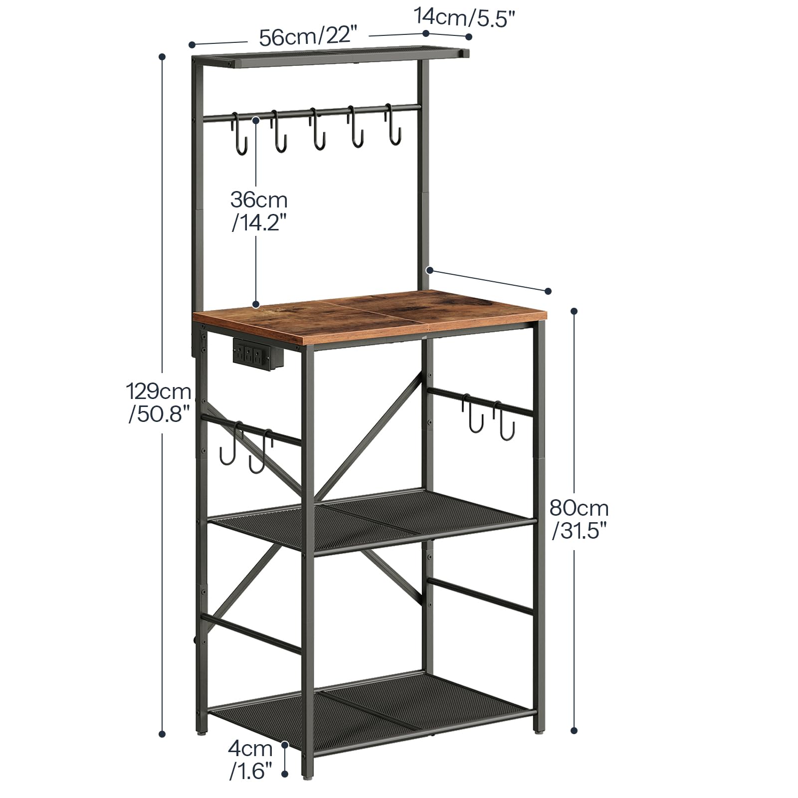 HOOBRO 4-Tier Kitchen Bakers Rack with Power Outlet & Storage Shelf - Microwave Stand, Coffee Bar Table with 9 S-Hooks - Rustic Brown & Black BF58UHB01 - Perfect for Small Kitchens, Pantry Organization & Coffee Station Setup