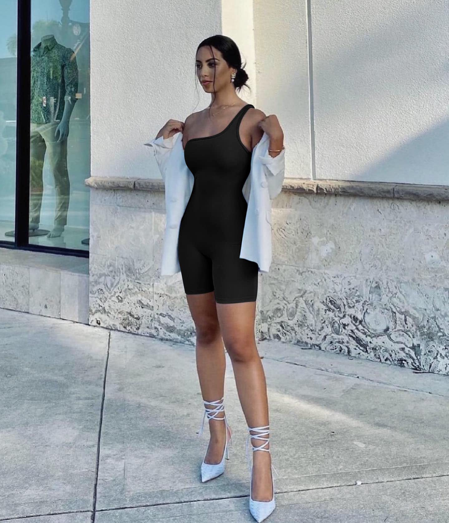 GOBLES Women's Sexy One Shoulder Sleeveless Bodycon Jumpsuit - Stretchy Short Romper for Night Out, Club Wear & Summer Party Outfit
