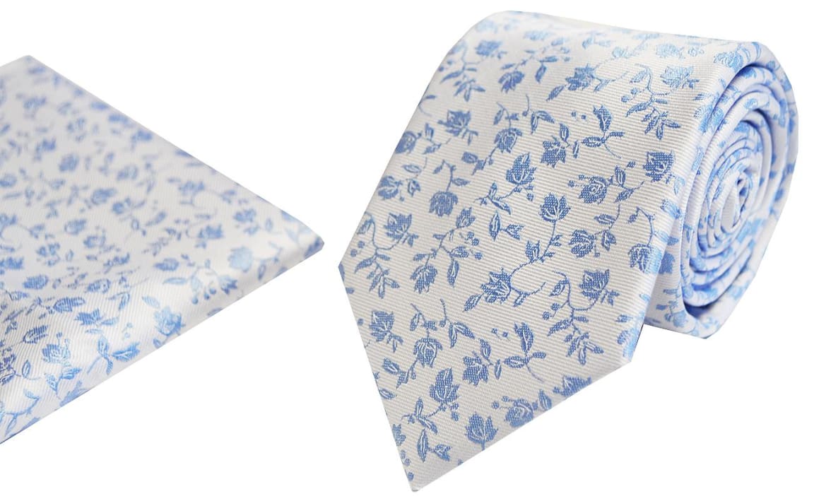 L.A. Smith Polyester Blue Floral Tie and Pocket Square Set - Perfect for Weddings, Prom & Formal Events