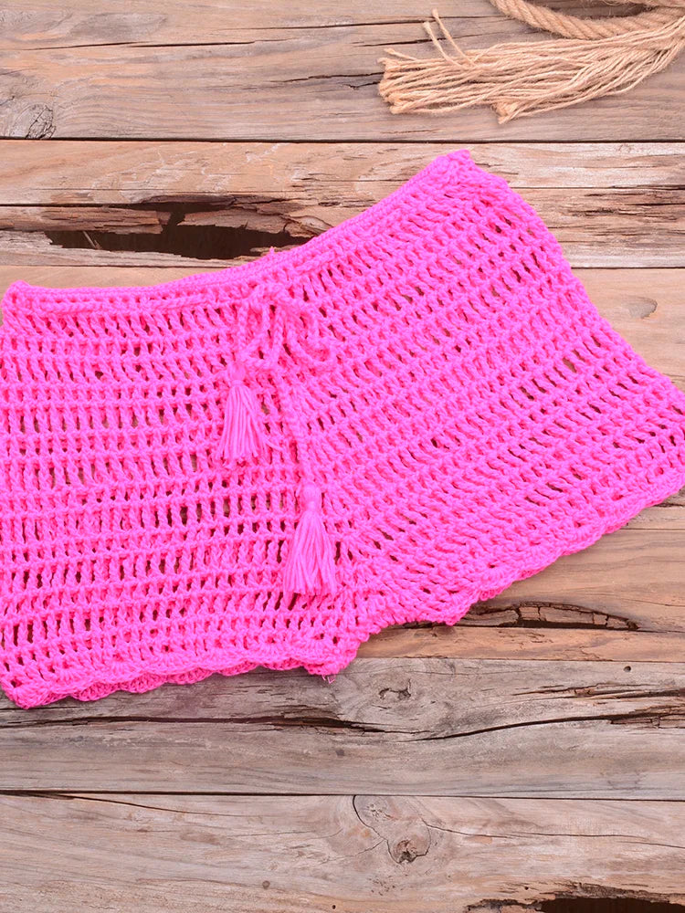 Crochet Hollow Out Tassel Beach Cover Up - Sexy Women's Mini Top Bikini Swimwear Bathing Suit Cover Up for Summer Vacation, Pool Party & Beach Day