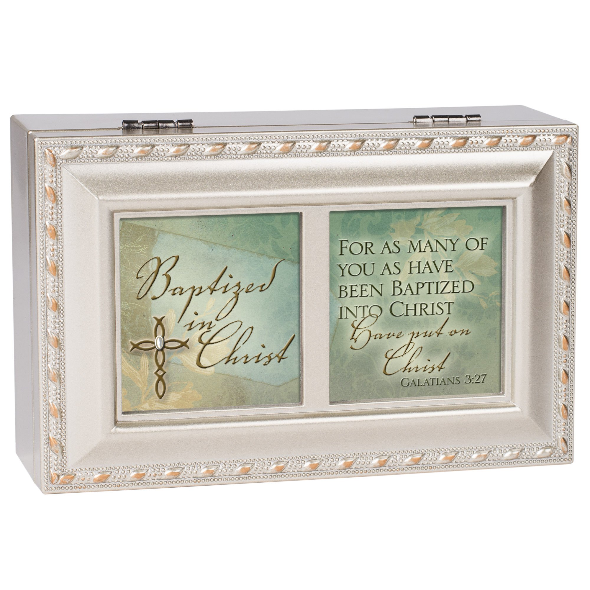 Baptized in Christ Champagne Silver Petite Music Jewelry Box - Plays Amazing Grace Hymn | Perfect for Christian Gifts, Baptism Favors & Home Decor