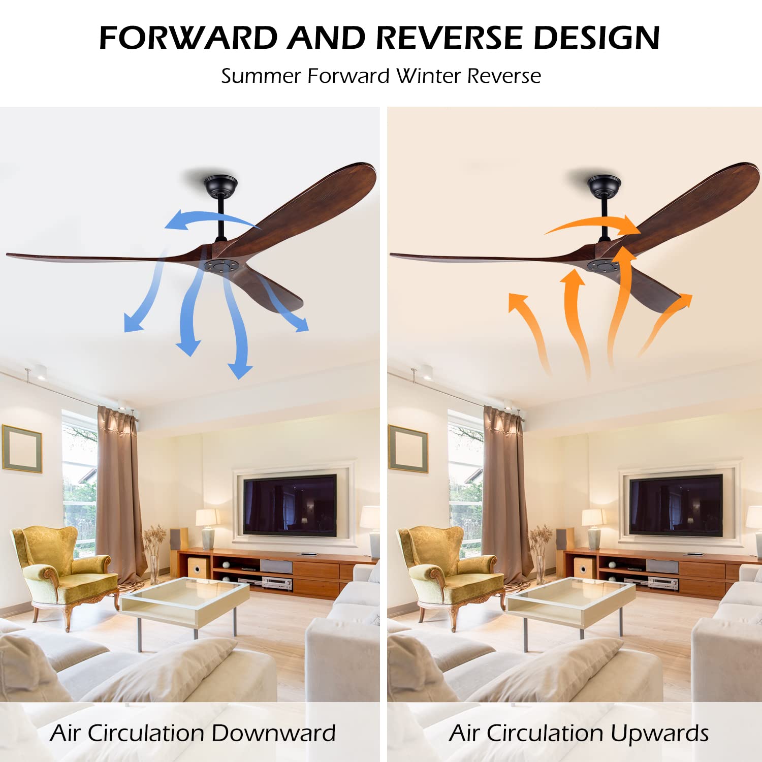70 Inch Solid Wood Ceiling Fan Without Light - Remote Control, 3 Blades, Waterproof - Natural Wood Indoor/Outdoor Ceiling Fan for Patio, Bedroom, Living Room - Perfect for Cooling Large Spaces with Rustic Charm