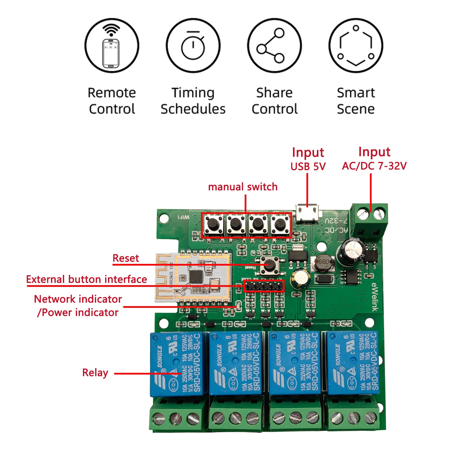 Newgoal 4 Channel Smart Switch, Momentary/Latching WiFi Relay, eWeLink APP Bluetooth Control Switch for DIY Smart Home - Compatible with Alexa & Google Home - Perfect for Home Automation & Remote Control