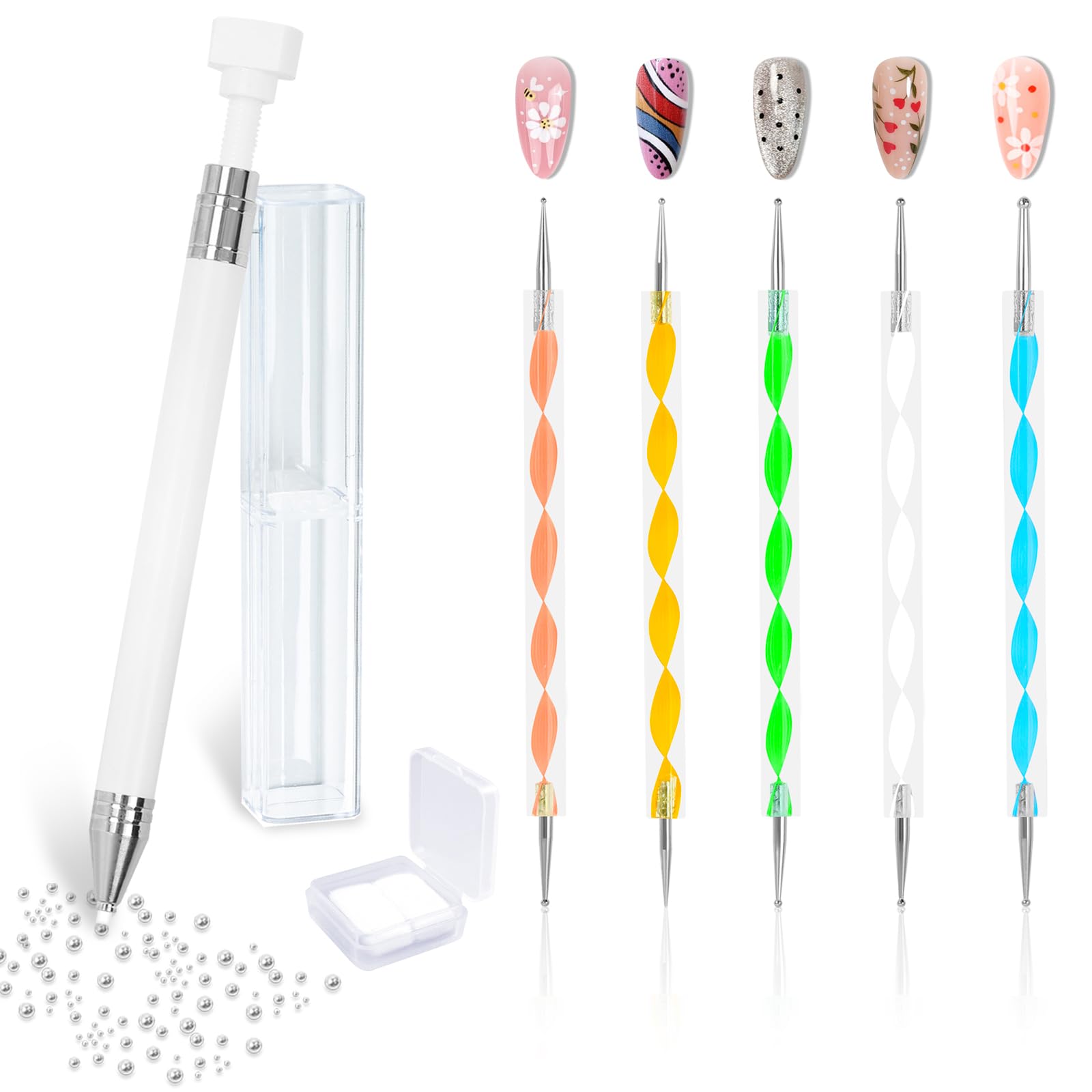 Diamond Art Pen & Rhinestones Applicator - 5Pcs Dual-Ended Wax Pencil for Crystal Beads, Gem Picker Tool with Nail Dotting Tools - Perfect for DIY Nail Art, Manicure & Craft Decoration (White)