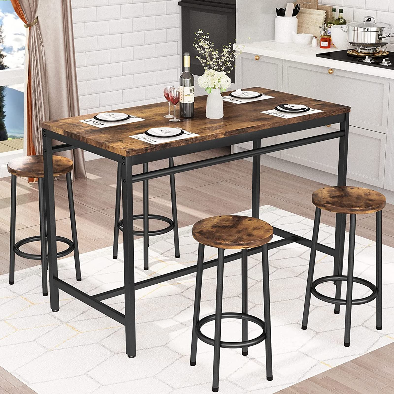 Recaceik 5-Piece Industrial Dining Table Set with 4 Stools - Rustic Brown Kitchen Table & Chairs for 4 - Perfect for Home, Restaurant, Small Space & Outdoor Use - Ideal for Dining Room, Kitchen Island & Patio Entertaining