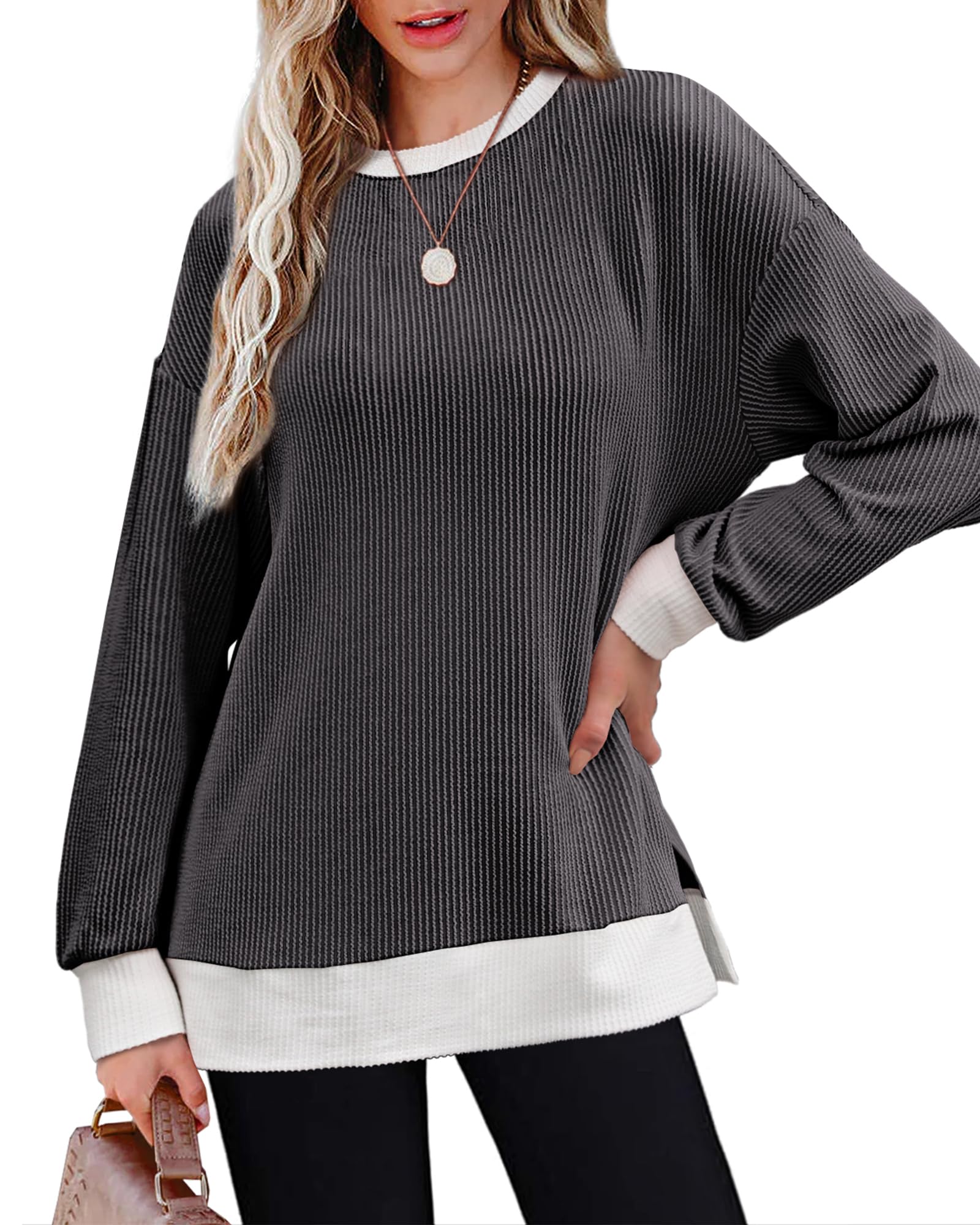 OFEEFAN Women's Lightweight Ribbed Knit Long Sleeve Crewneck Sweatshirt - Fall Fashion Casual Tops for Work, Travel & Everyday Wear
