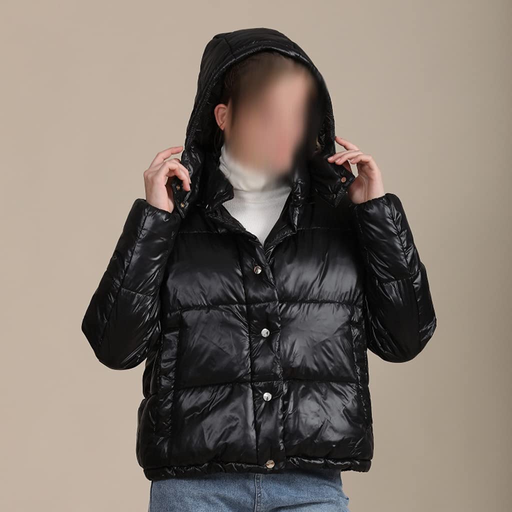 Women's Cotton Hooded Puffer Jacket - Loose Fit Short Winter Coat, Shiny & Warm, Black (Medium) - Perfect for Casual Outings, Travel & Cold Weather