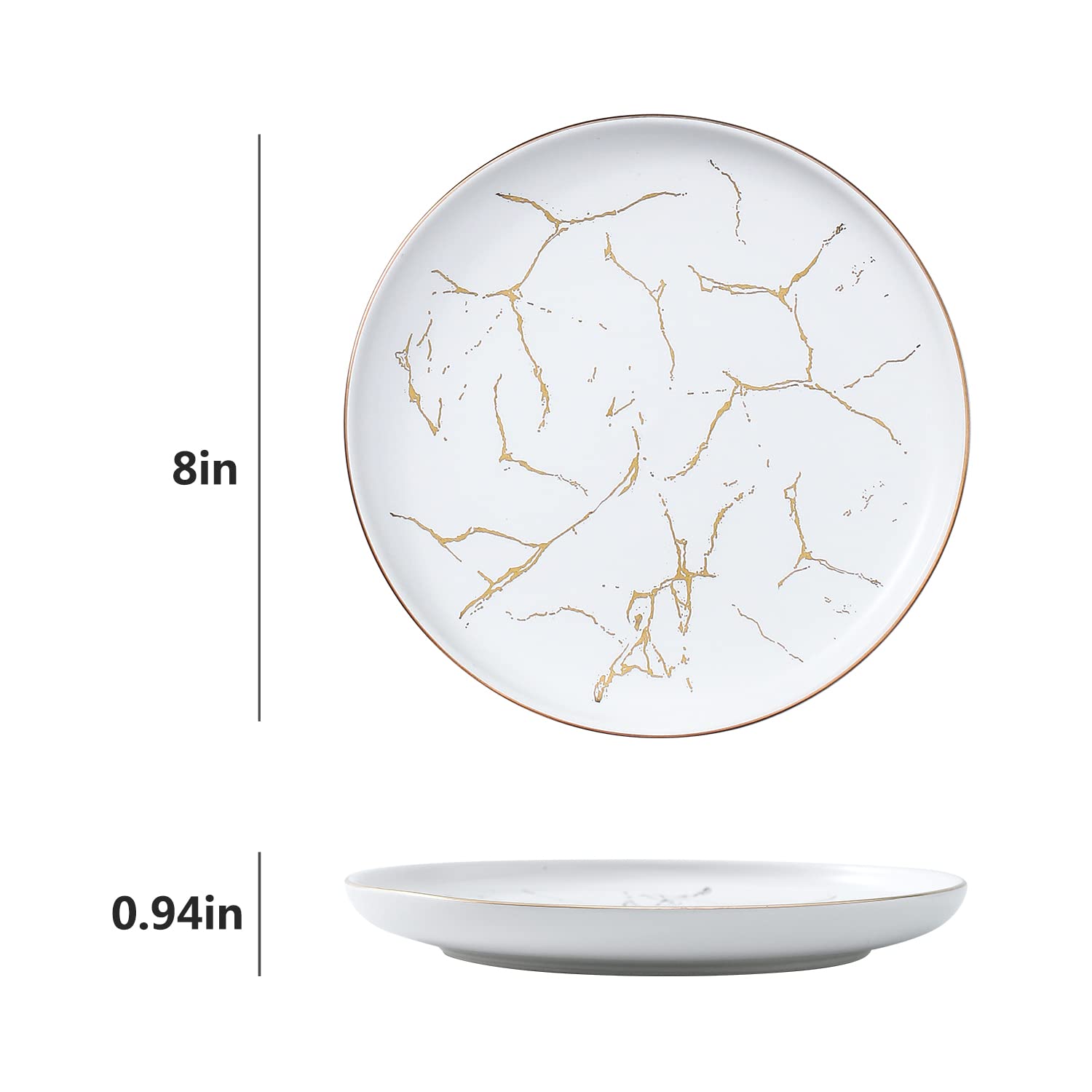 Nordic Style 8-Inch Ceramic Dinner Plates Set of 4 - Marble Gold Inlay, Microwave, Oven & Dishwasher Safe - Perfect for Family Dinners, Parties & Restaurant Use