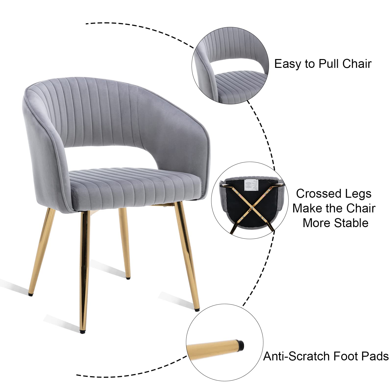 Modern Velvet Dining Chairs with Gold Metal Legs - Set of 4 Grey Upholstered Kitchen & Dining Room Chairs with Hollow Back Design - Elegant Accent Chairs for Living Room, Kitchen, Dining Area & Home Decor (Grey, 4 Pack)