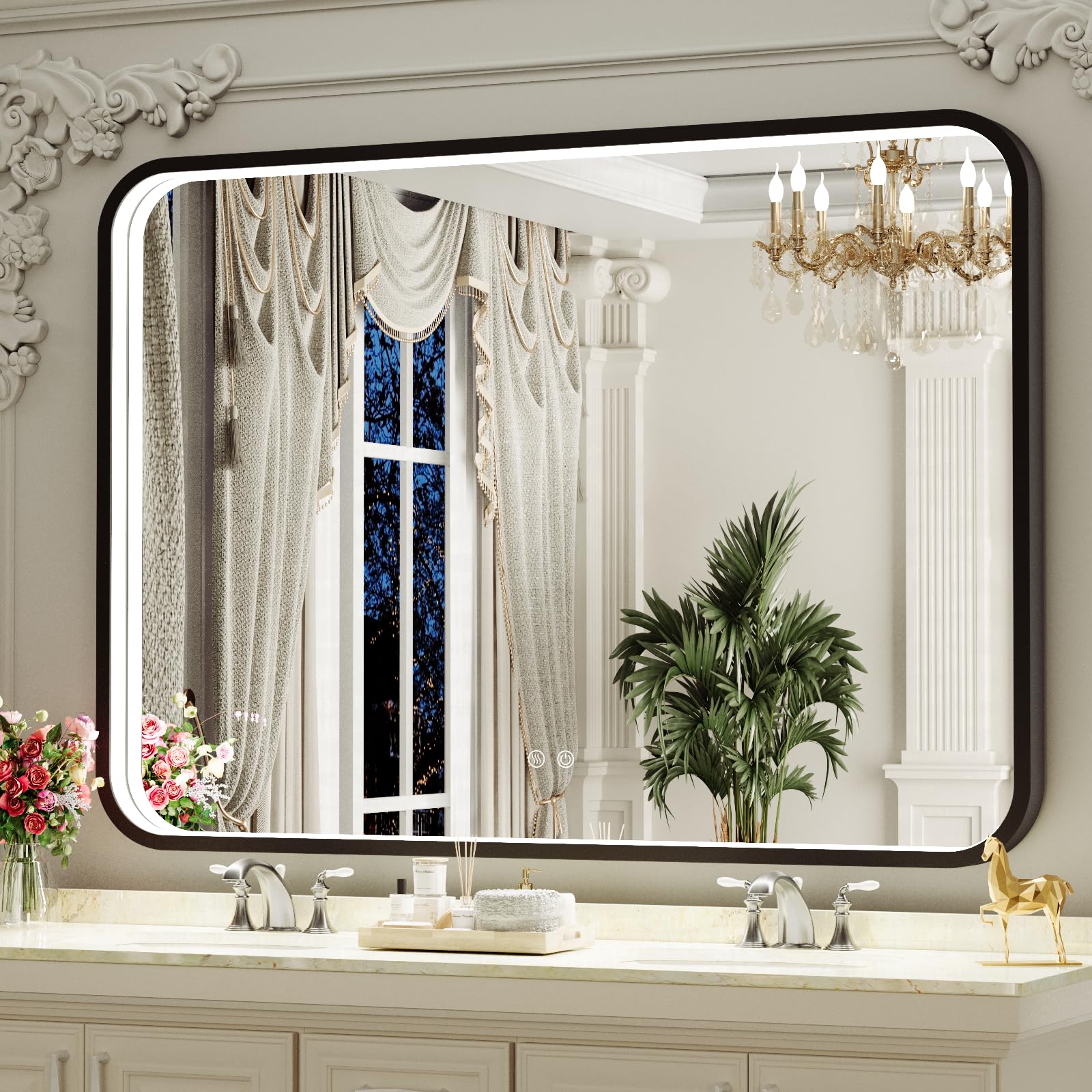 40x30 Inch LED Bathroom Mirror with Anti-Fog & Dimmable Touch Control - Modern Metal Frame Vanity Mirror for Wall Mount (Horizontal/Vertical) - Perfect for Makeup, Shaving & Home Decor Lighting