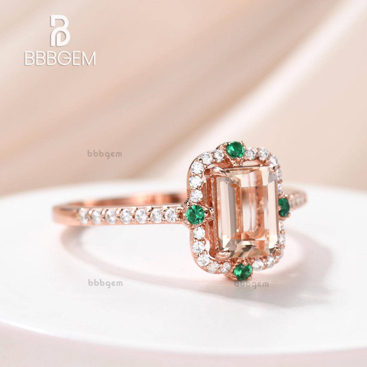 Vintage Emerald Step Cut Peachy Pink Morganite Rose Gold Statement Ring with 4 Emerald Accents - Elegant Jewelry for Weddings, Anniversaries & Special Occasions