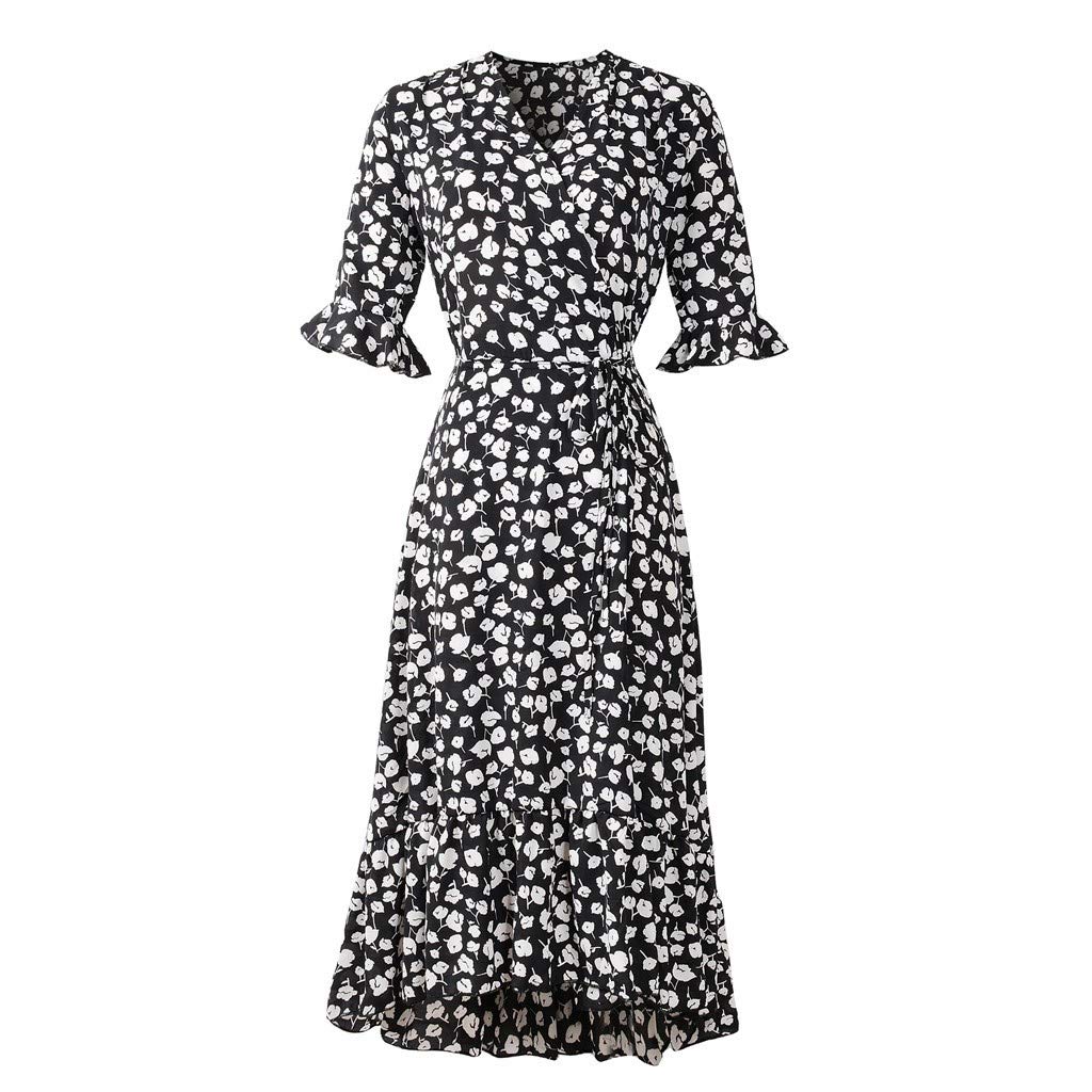 Women's Floral Print Short Sleeve Wrap Dress with Side Split - Summer Wedding Guest, Prom, Cocktail & Sun Dress for Casual Outings & Beach Vacations