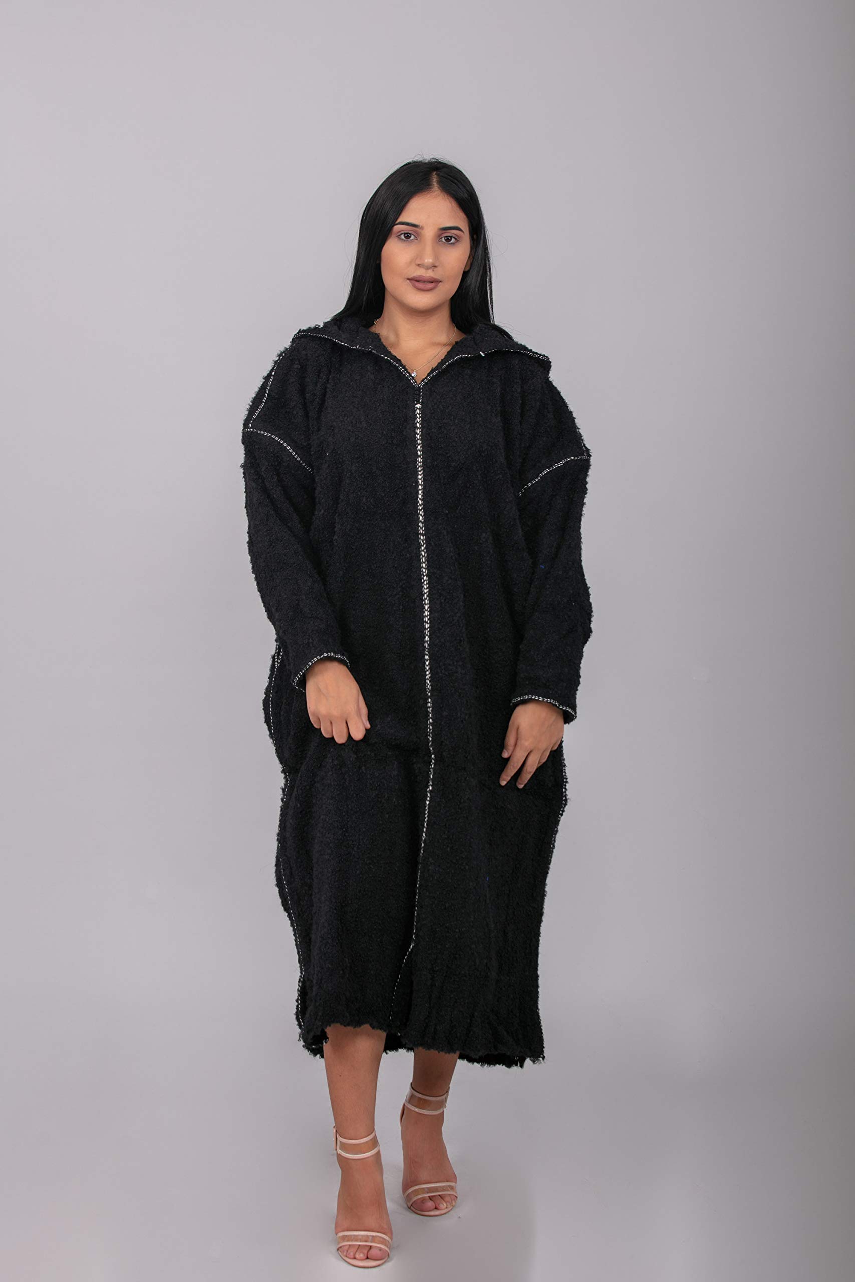 HibArt - Women's Handmade Boho Striped Djellaba Sweater Coat Hoodie Caftan - Wool Long Winter Dress for Women (XS, Black) - Perfect for Casual Outings, Festivals & Cold Weather Layering