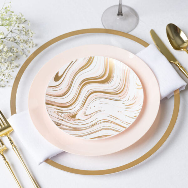 32-Piece Pink and Gold Round Plastic Dinnerware Set for 16 Guests - Elegant Disposable Plates, Bowls, Cups & Cutlery - Perfect for Weddings, Parties, and Outdoor Events