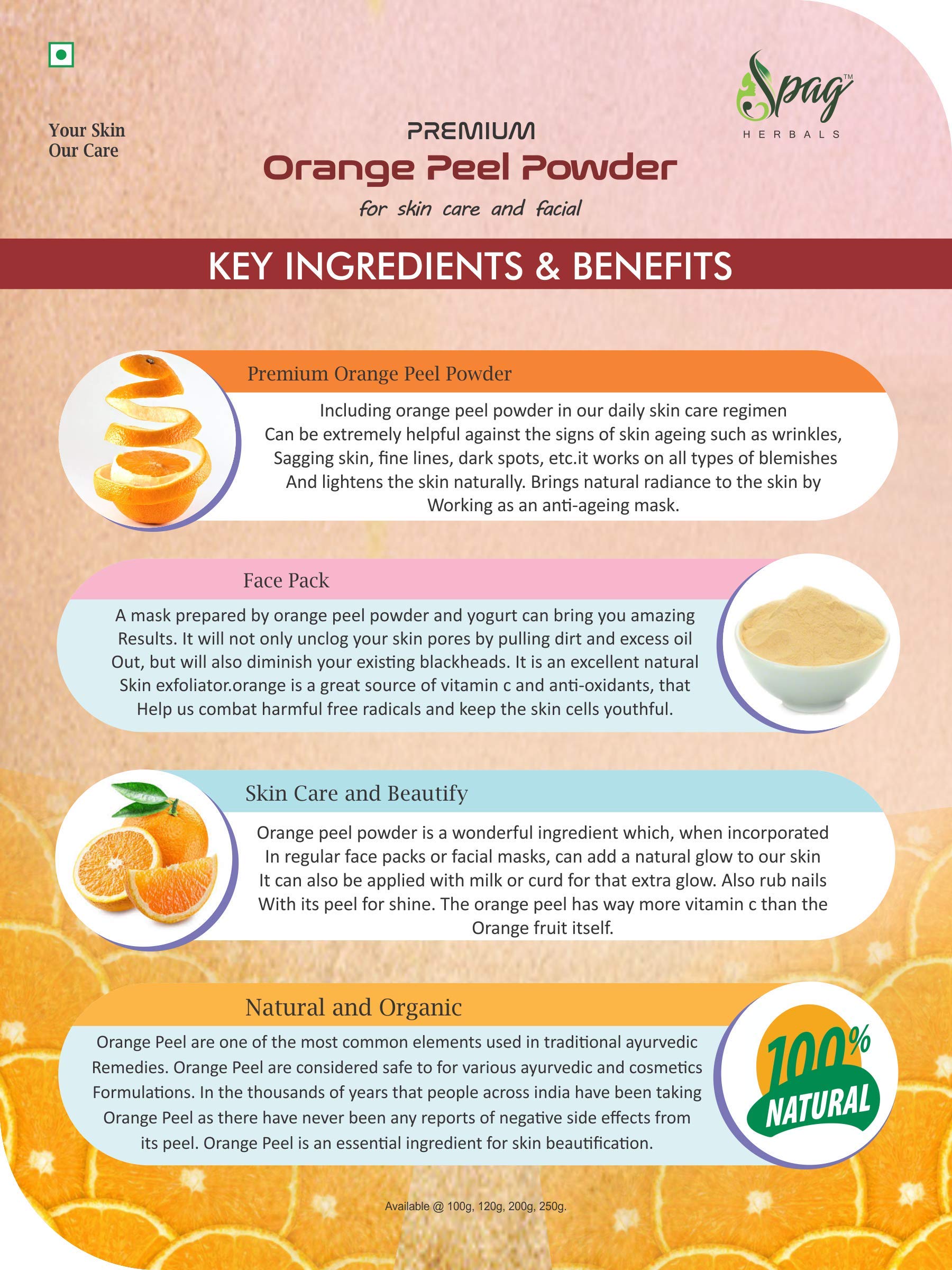 Organic Orange Peel Powder for Skin Brightening & Glowing - 120g | Spag Herbals Premium Face Whitening Treatment | Natural Exfoliator for Acne, Dark Spots & Dull Skin | DIY Face Mask & Skincare Routine