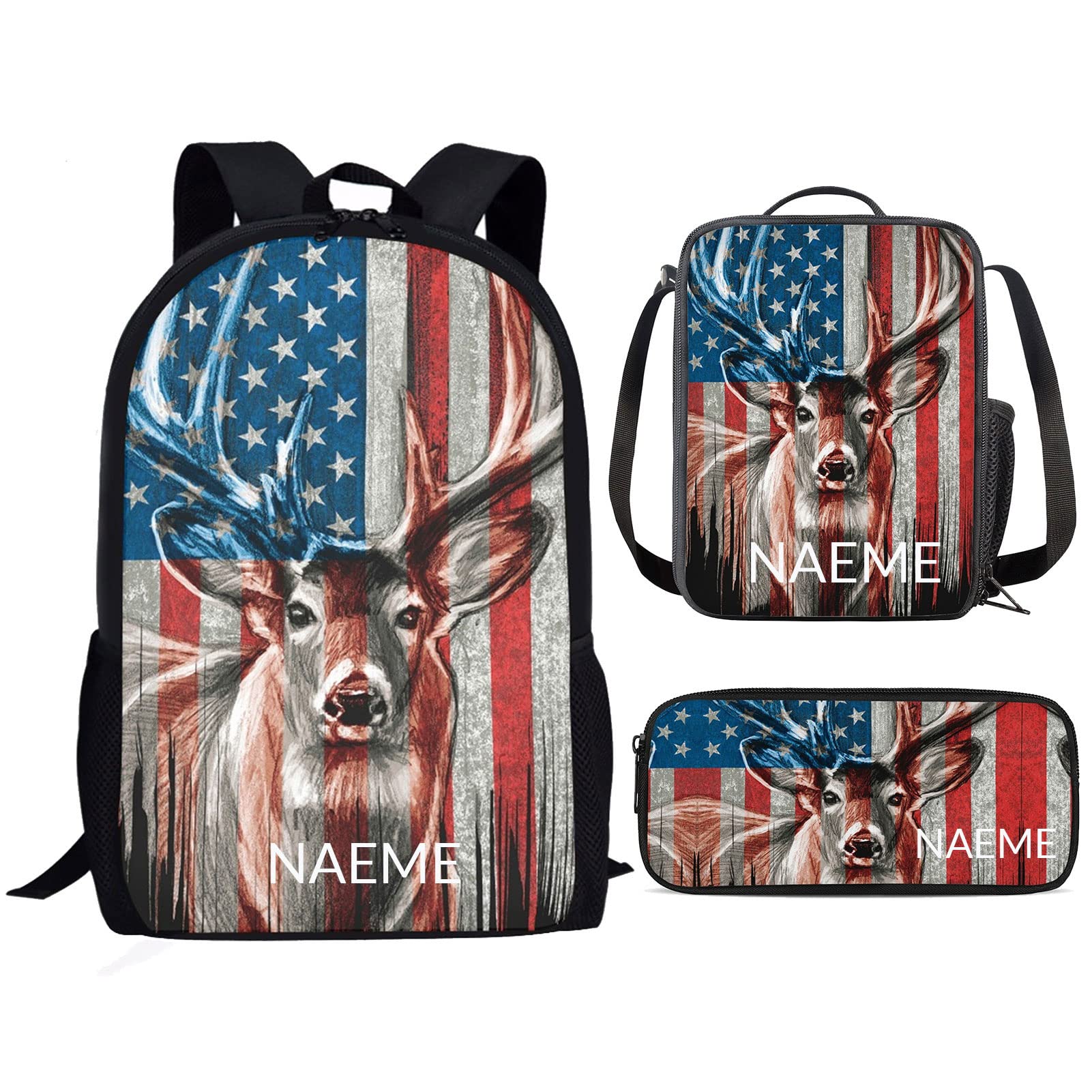 Custom Personalized Deer Backprint Backpack with Lunch Box Set for Kids - American Flag Design School Bag with Pencil Case for Kindergarten, Elementary & Middle School Students | Perfect for School, Travel & Outdoor Adventures