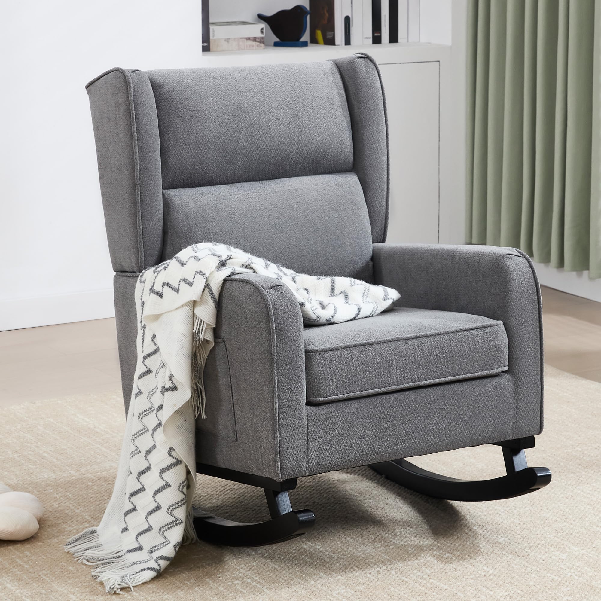 Modern Nursery Rocking Chair for Mom - High Backrest Solid Wood Rocker, Wingback Accent Chair for Reading in Living Room & Bedroom - Deep Grey | Perfect for Nursing, Relaxing & Nursery Decor