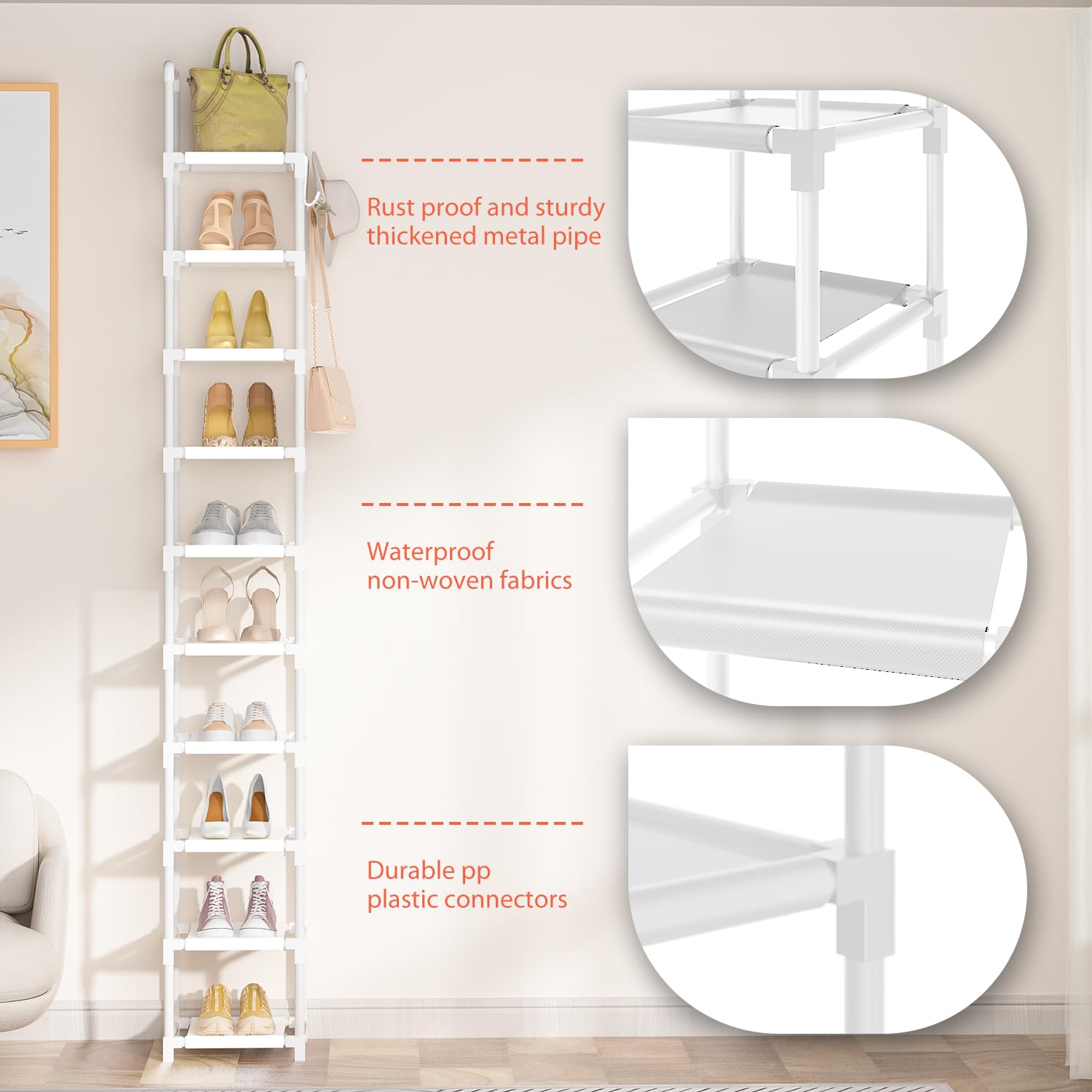 10-Tier Narrow Shoe Organizer for Closet - Tall Vertical Shoe Rack Holds 10-15 Pairs, Space-Saving Metal Shelf with 5 Hooks for Small Spaces - Perfect for Bedroom, Entryway, or Closet Organization