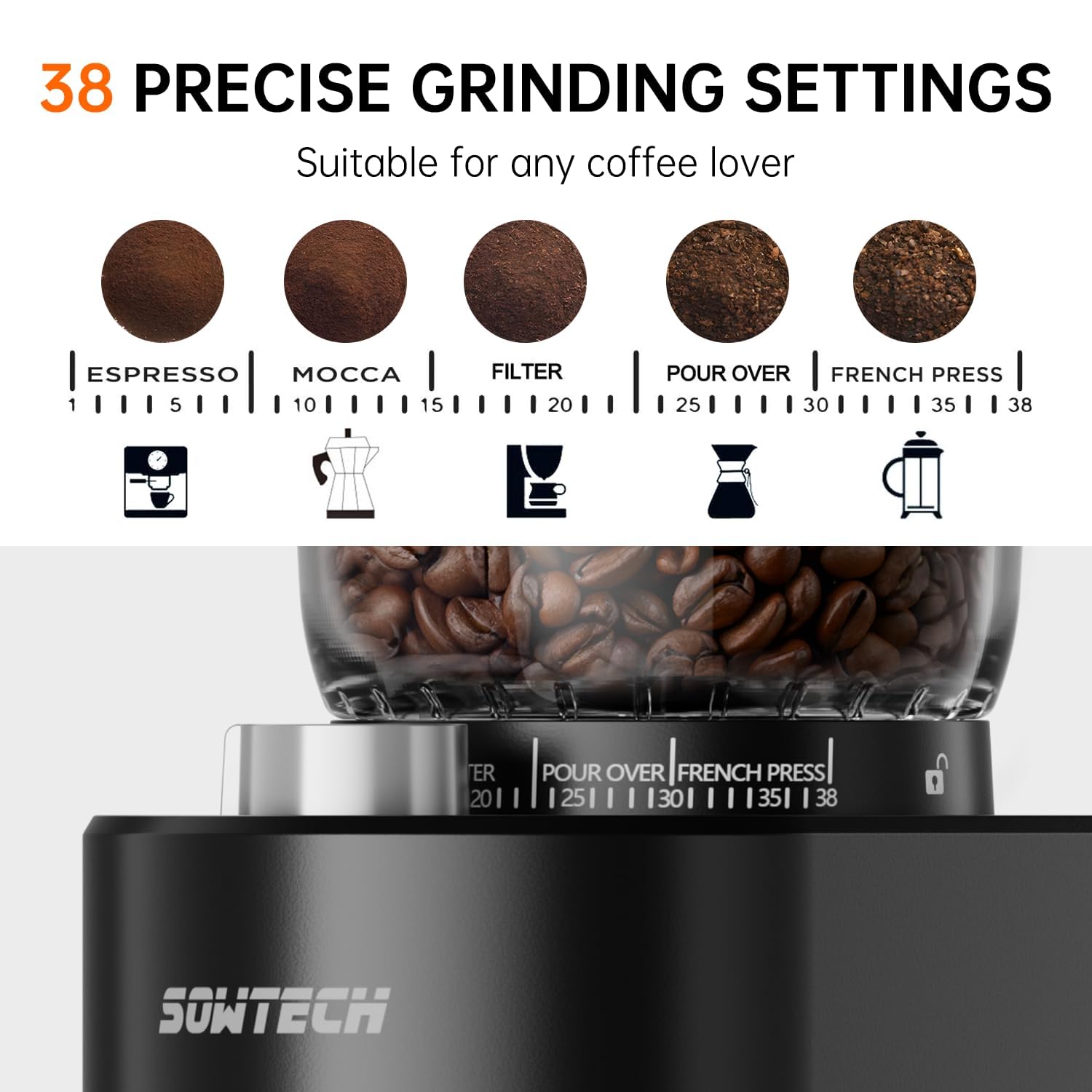 Premium Conical Burr Coffee Grinder - Adjustable 38-Precision Grind Settings with Digital Timer for Espresso, Drip, Pour Over, Cold Brew & French Press - Perfect for Home Baristas & Coffee Enthusiasts (Black)