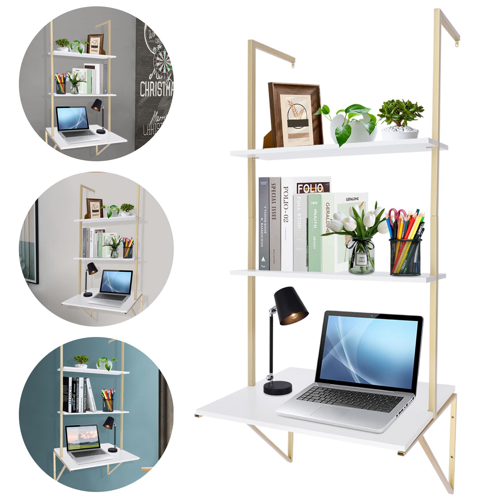 3 Tier Floating Wall Shelf - Gold Standing Ladder Desk for Laundry, Bathroom, Kitchen, Bedroom & Office - Space Saving Decorative Storage & Display Solution