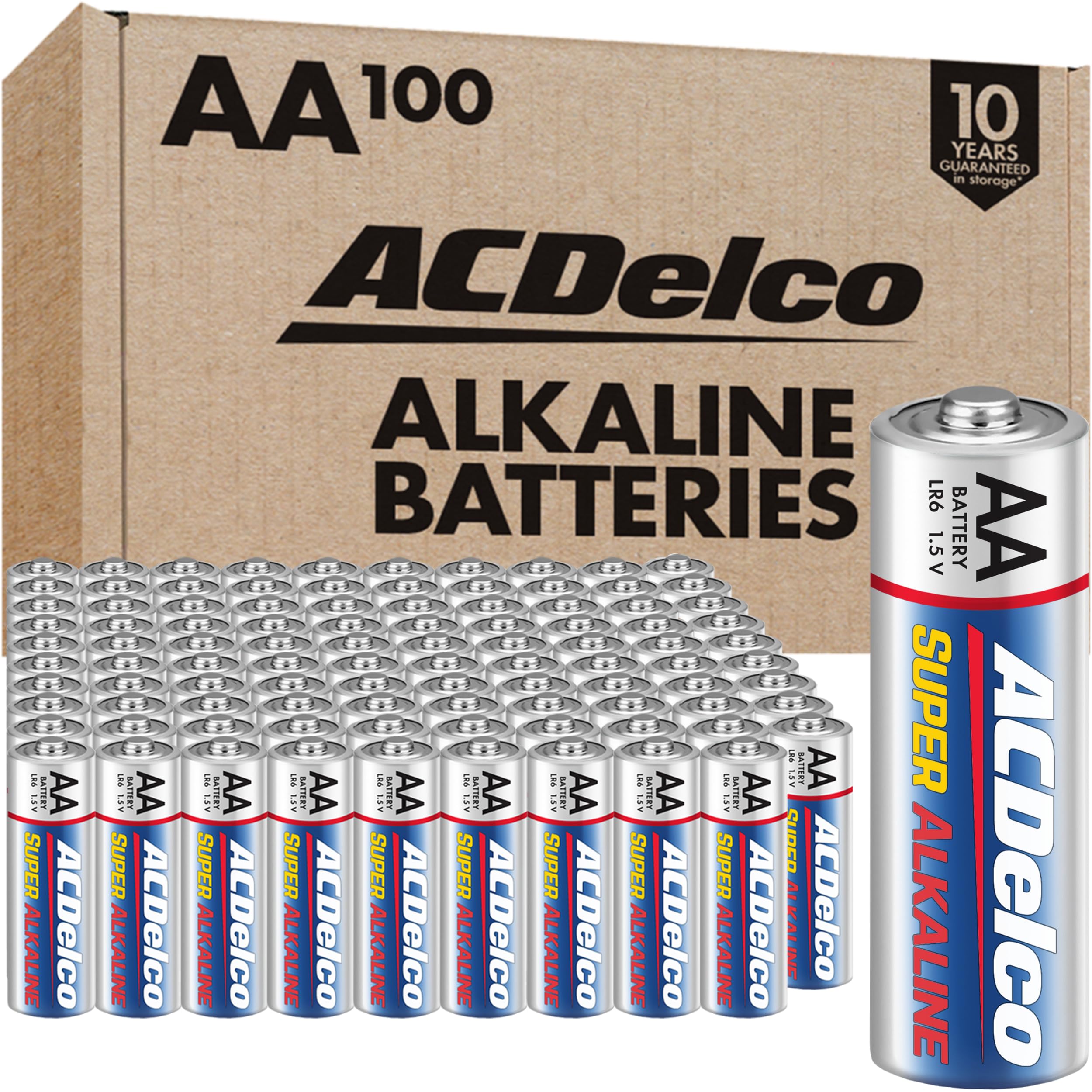 ACDelco 100-Count AA Super Alkaline Batteries - Maximum Power, 10-Year Shelf Life, Reclosable Packaging - Perfect for Toys, Flashlights, Remote Controls & Emergency Kits