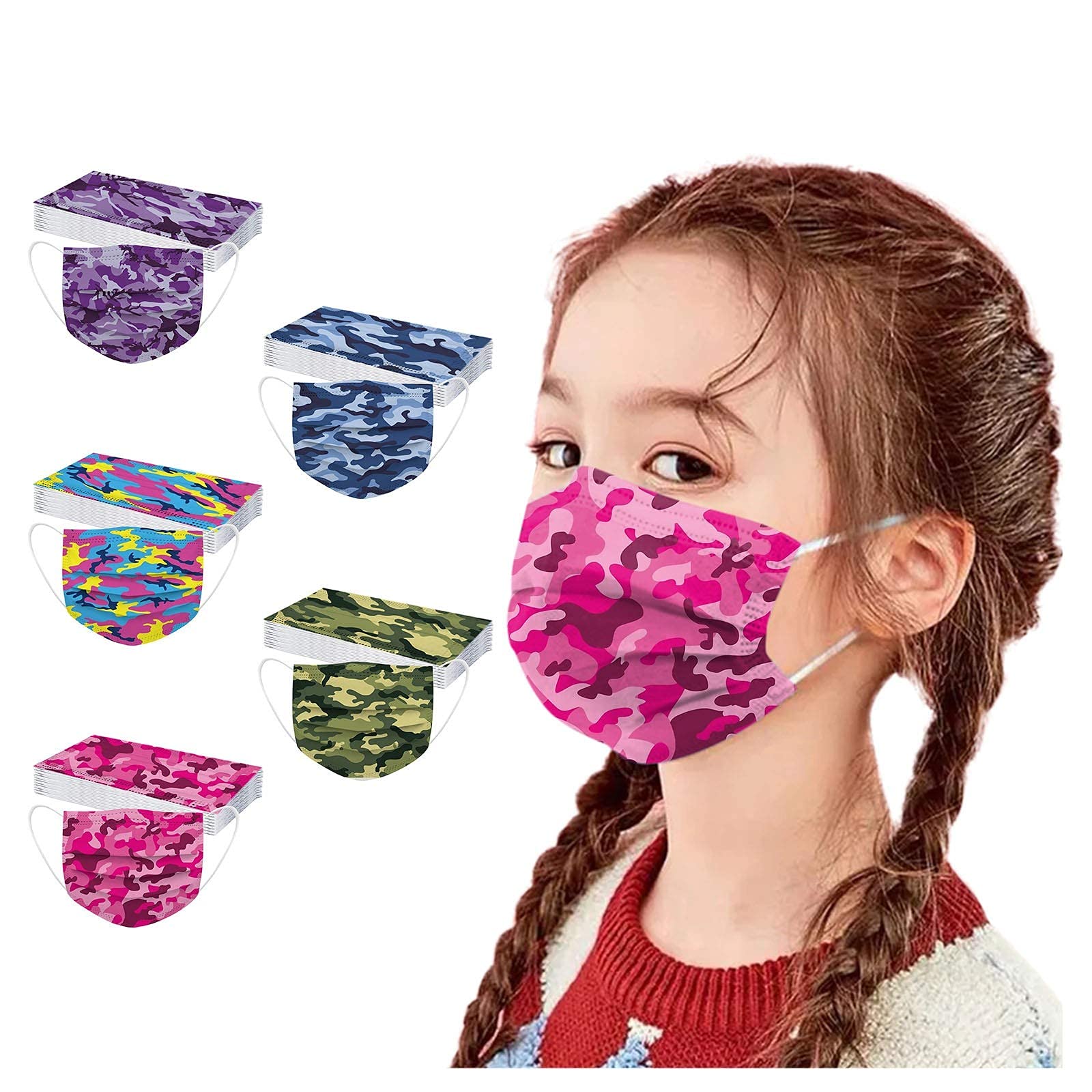 50Pcs Kids Disposable Face Masks - Colorful Assorted Camo & Tie Dye 3-Ply Children's Face Coverings with Nose Wire & Elastic Earloop for Boys and Girls - Perfect for School, Christmas, Travel, and Daily Protection