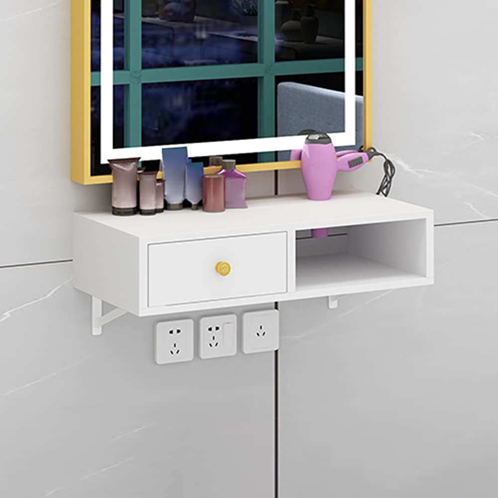 White Marble Wooden Wall Mounted Salon Styling Station with Sliding Drawer - Hair Dryer Holder & Organizer for Styling Products - Perfect for Home Salon Decor & Professional Beauty Spaces