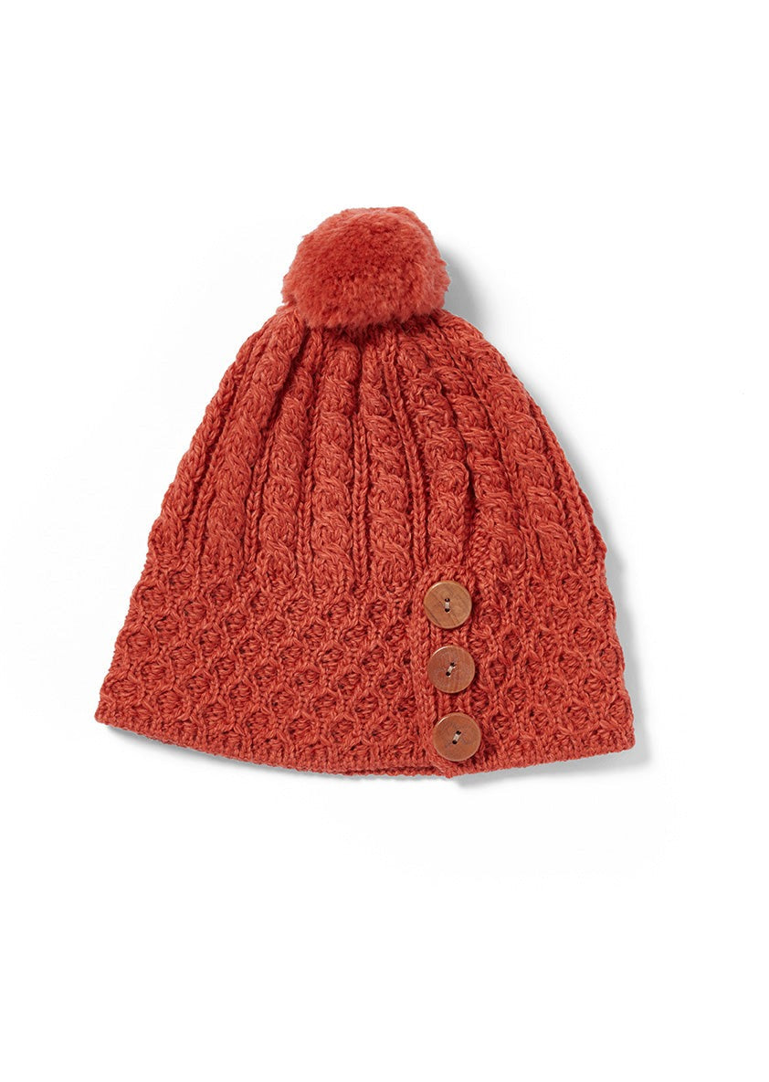 Aran Button Hat for Women - Cozy Knitted Beanie with Autumn Leaves Pattern | Perfect for Fall Fashion, Outdoor Activities & Cold Weather
