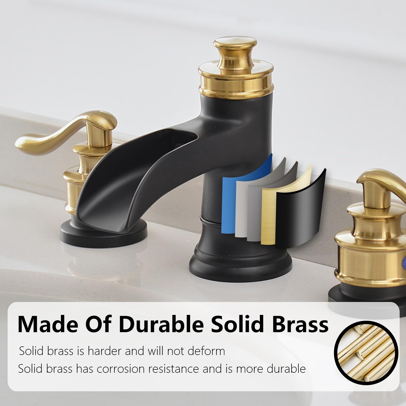 Black Gold Widespread Bathroom Faucet - 3 Hole Waterfall Sink Faucet with 2-Handle Design & Pop-Up Drain - Farmhouse Vanity Lavatory Set with Overflow - Perfect for Modern & Rustic Bathroom Decor
