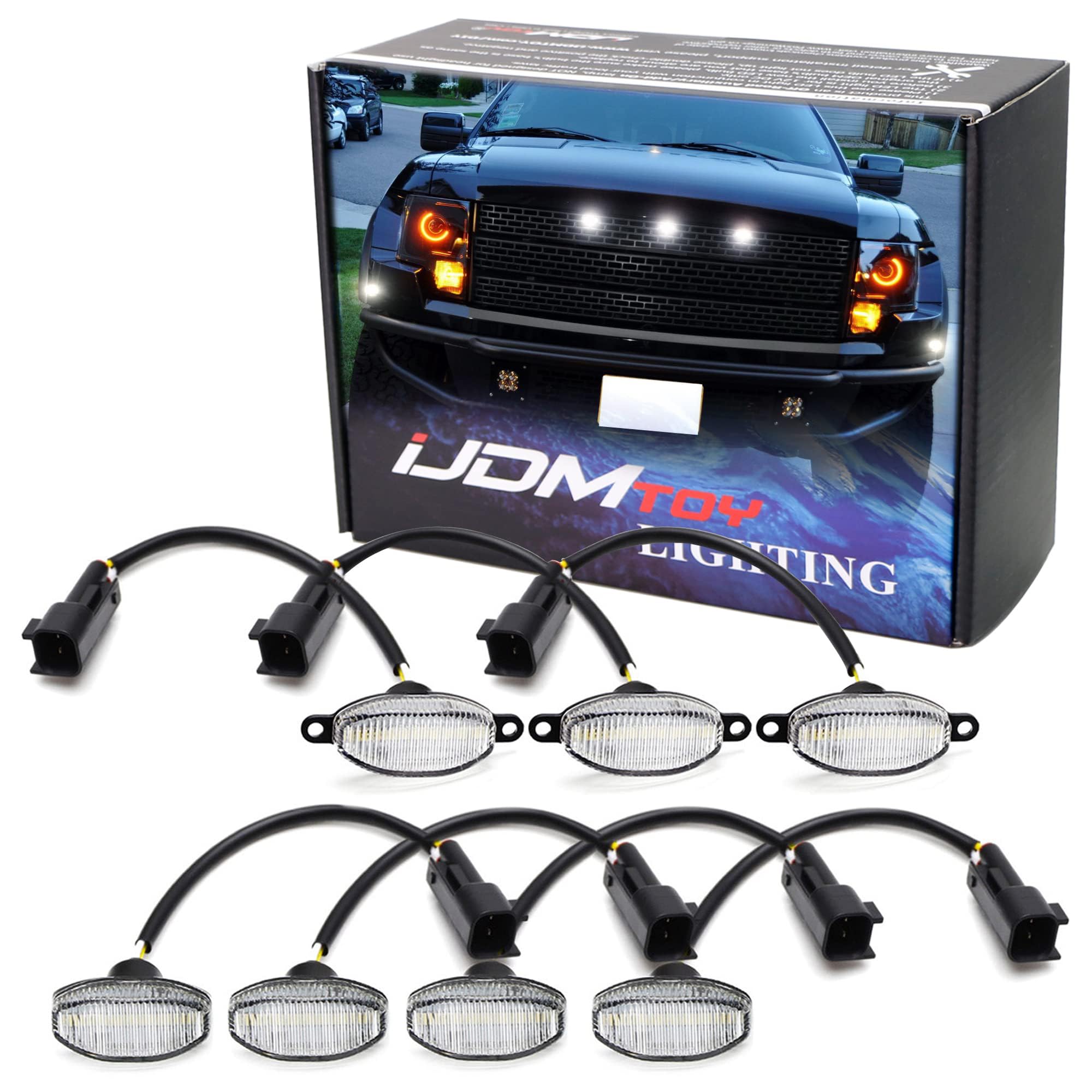 iJDMTOY 7-Piece Clear Lens 84-SMD LED Grille Running Lights & Side Marker Lights Kit for 2010-2014 Ford Raptor (Front White/Rear Red) - Upgrade Your Truck's Style & Visibility for Off-Roading & Night Driving