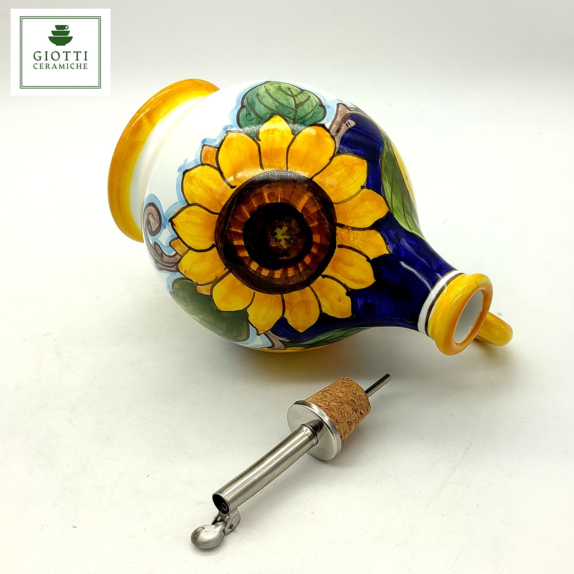 Italian Ceramic Olive Oil Dispenser Bottle XL Size 14oz - Hand Painted Tuscan Sunflower & Lemon Design - Premium Kitchen Oil Cruet - Made in Italy - Perfect for Cooking, Salad Dressing & Gourmet Food Presentation