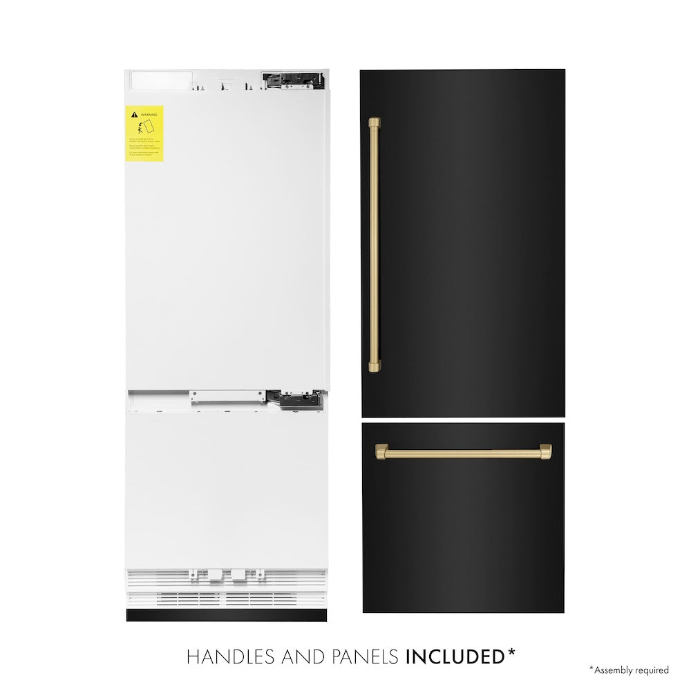 ZLINE Autograph Edition 30 Inch Built-In Bottom Freezer Refrigerator - 16.1 cu ft Capacity, Black Stainless Steel with Champagne Bronze Accents, Water Dispenser & Ice Maker - Perfect for Modern Kitchens & Open-Concept Living Spaces