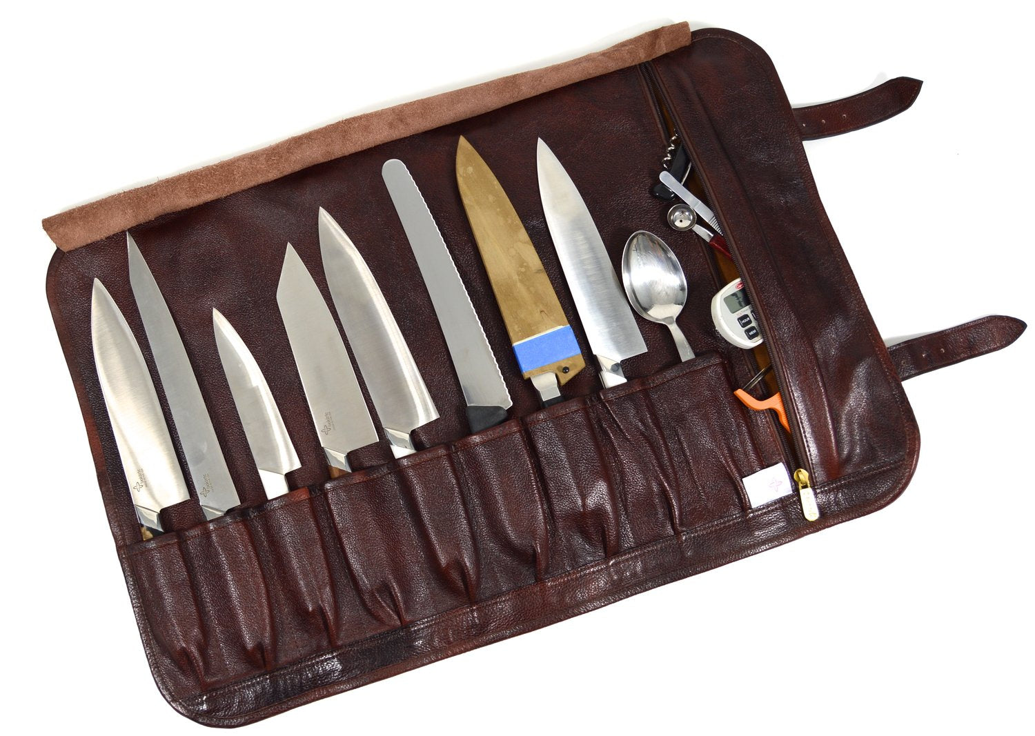 Premium Leather 9-Pocket Knife Roll Organizer (Brown) - Perfect for Chefs, Butchers & Culinary Students - Compact Storage for Kitchen & Professional Use