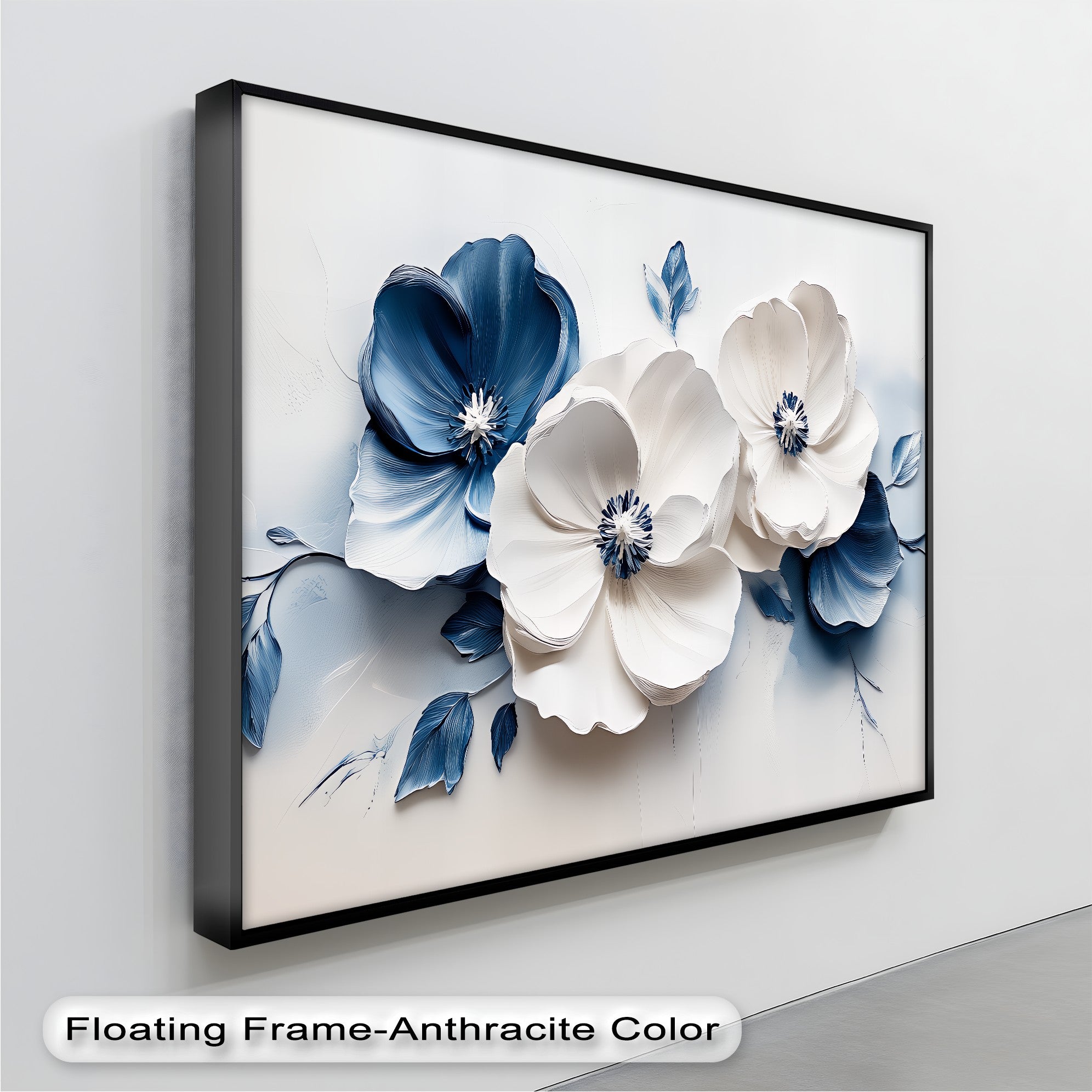 Blue Serenity Blooms Floral Canvas Wall Art - Navy & White Botanical Painting for Living Room, Bedroom Decor | Home & Office Wall Hanging