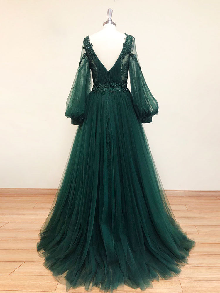 Elegant A-Line V-Neck Tulle Lace Green Long Prom Dress for Women | Formal Evening Gown for Homecoming, Wedding Guest, and Special Occasions