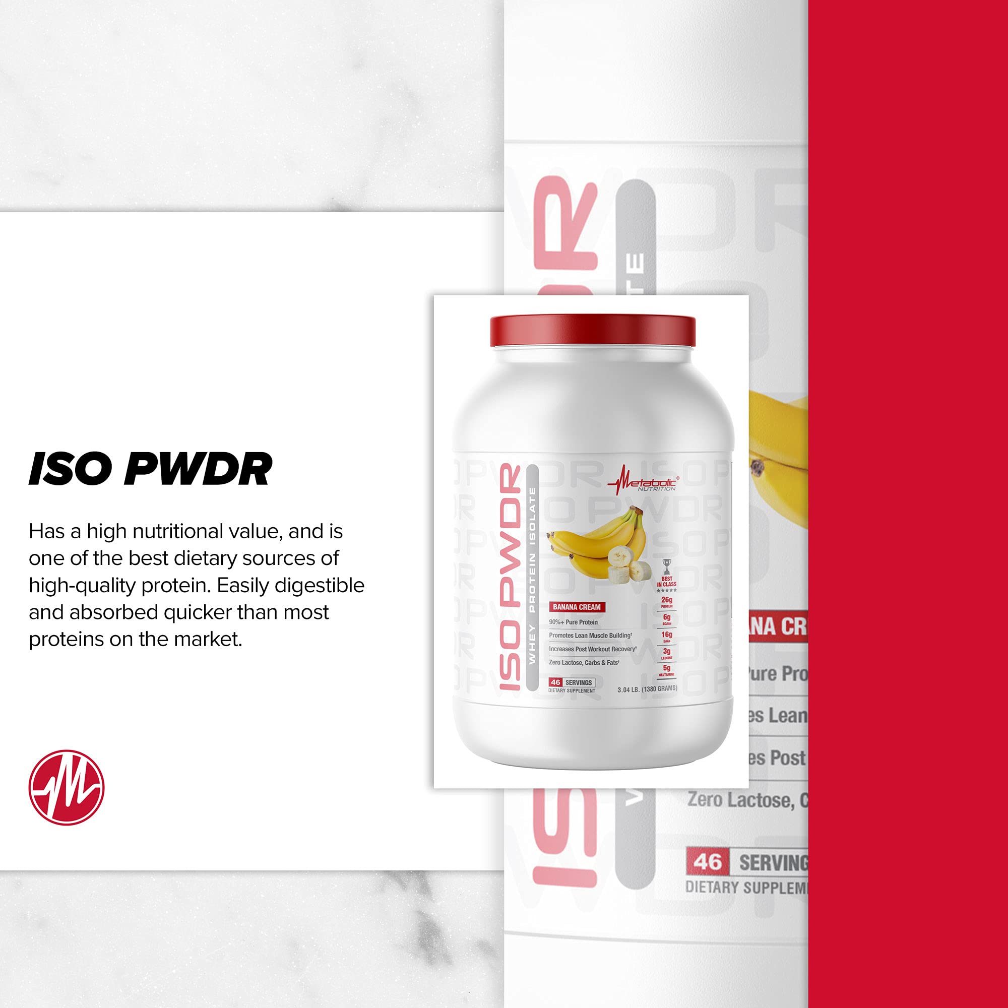 Metabolic Nutrition Whey Protein Isolate ISO PWDR - Strawberry Cream Flavor, 3.04lb (23 Servings) | 26g Fast Digesting Protein, Zero Carbs & Lactose, Low Fat | Ideal for Post-Workout Recovery, Muscle Building & Weight Management